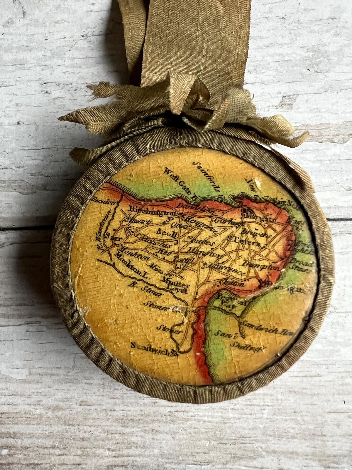 Antique Tunbridge Ware Pincushion Isle of Thanet Map Georgian Pinwheel Circa 1830s