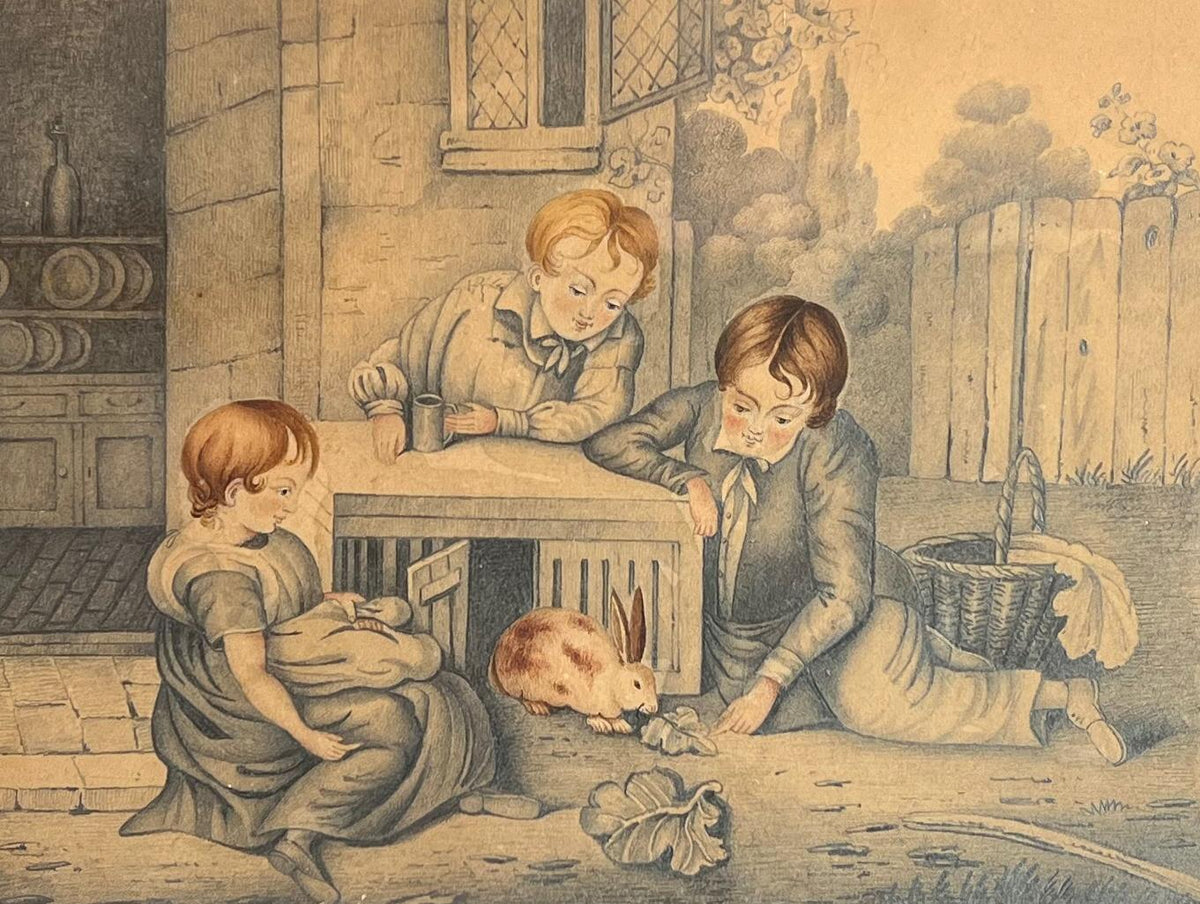19th Century Rabbit Painting Drawing C 1840 Signed Mary Anne Barker