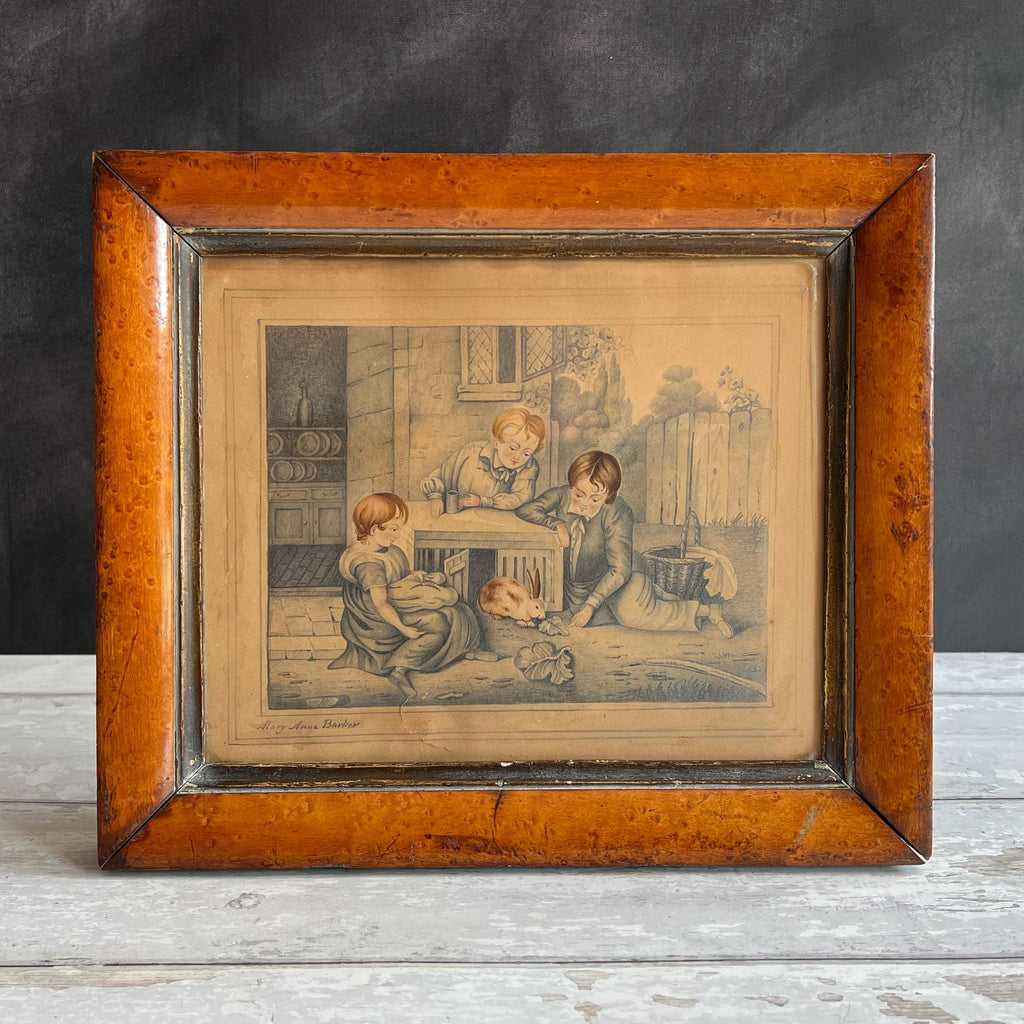 19th Century Rabbit Painting Drawing C 1840 Signed Mary Anne Barker
