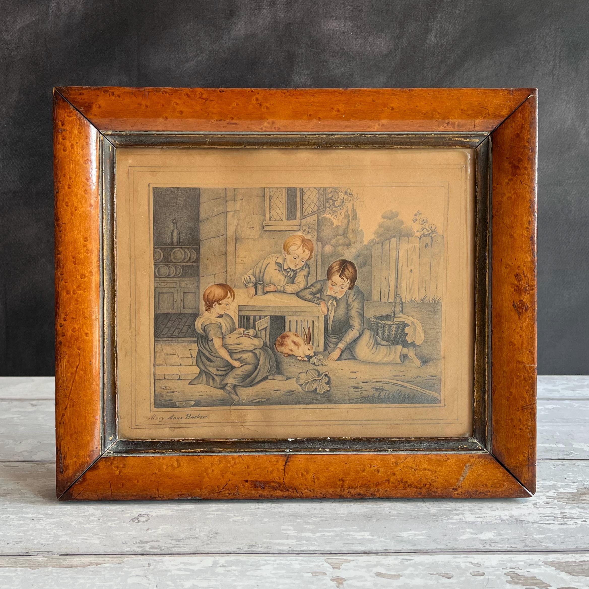 19th Century Rabbit Painting Drawing C 1840 Signed Mary Anne Barker