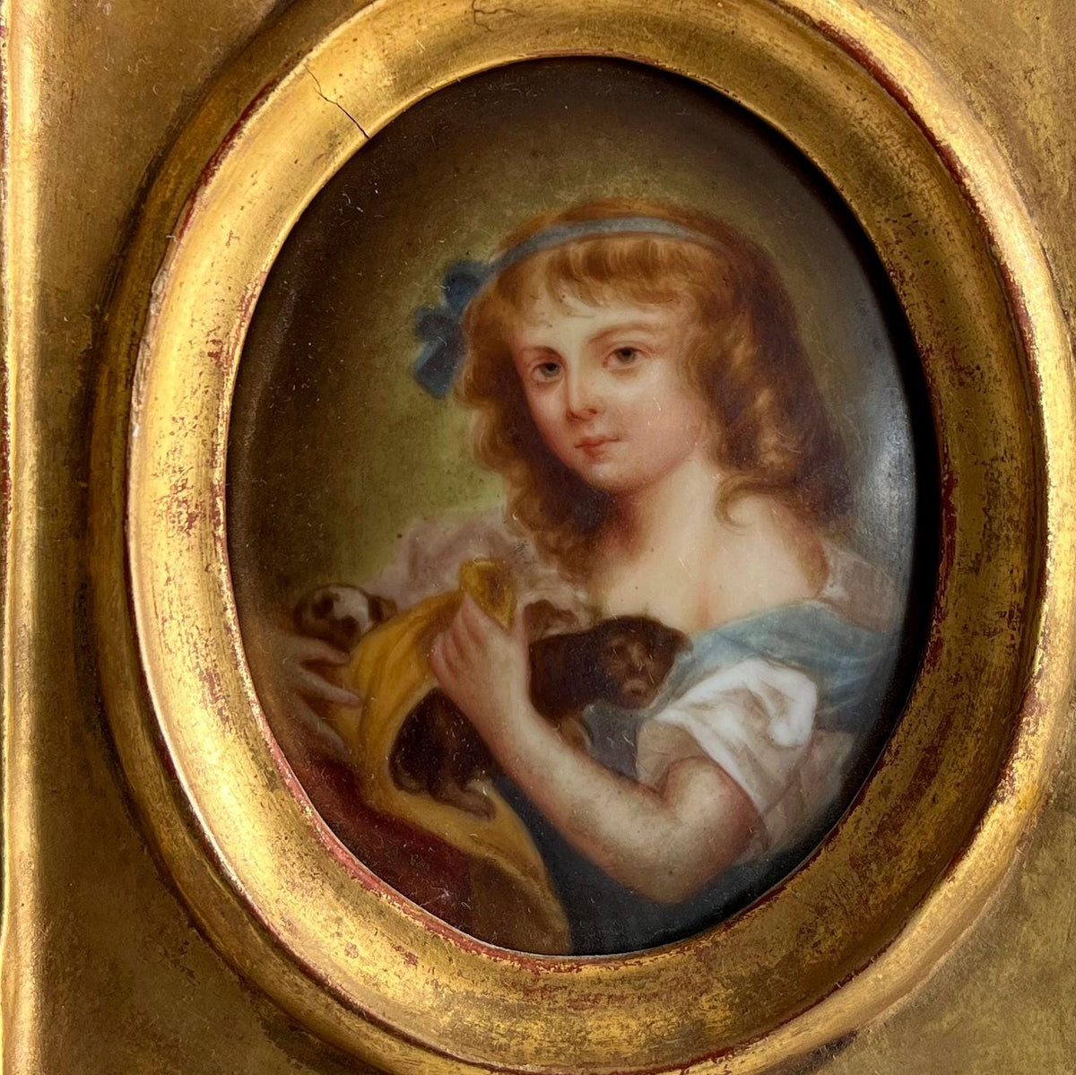 19th Century Painting Portrait Miniature On Porcelain Girl And Puppies C 1850 after Greuze