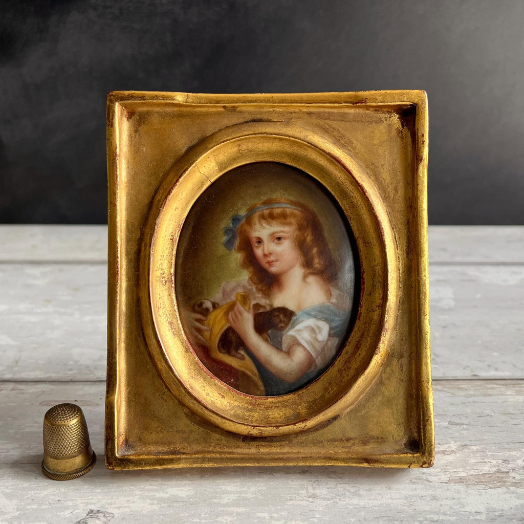 19th Century Painting Portrait Miniature On Porcelain Girl And Puppies C 1850 after Greuze