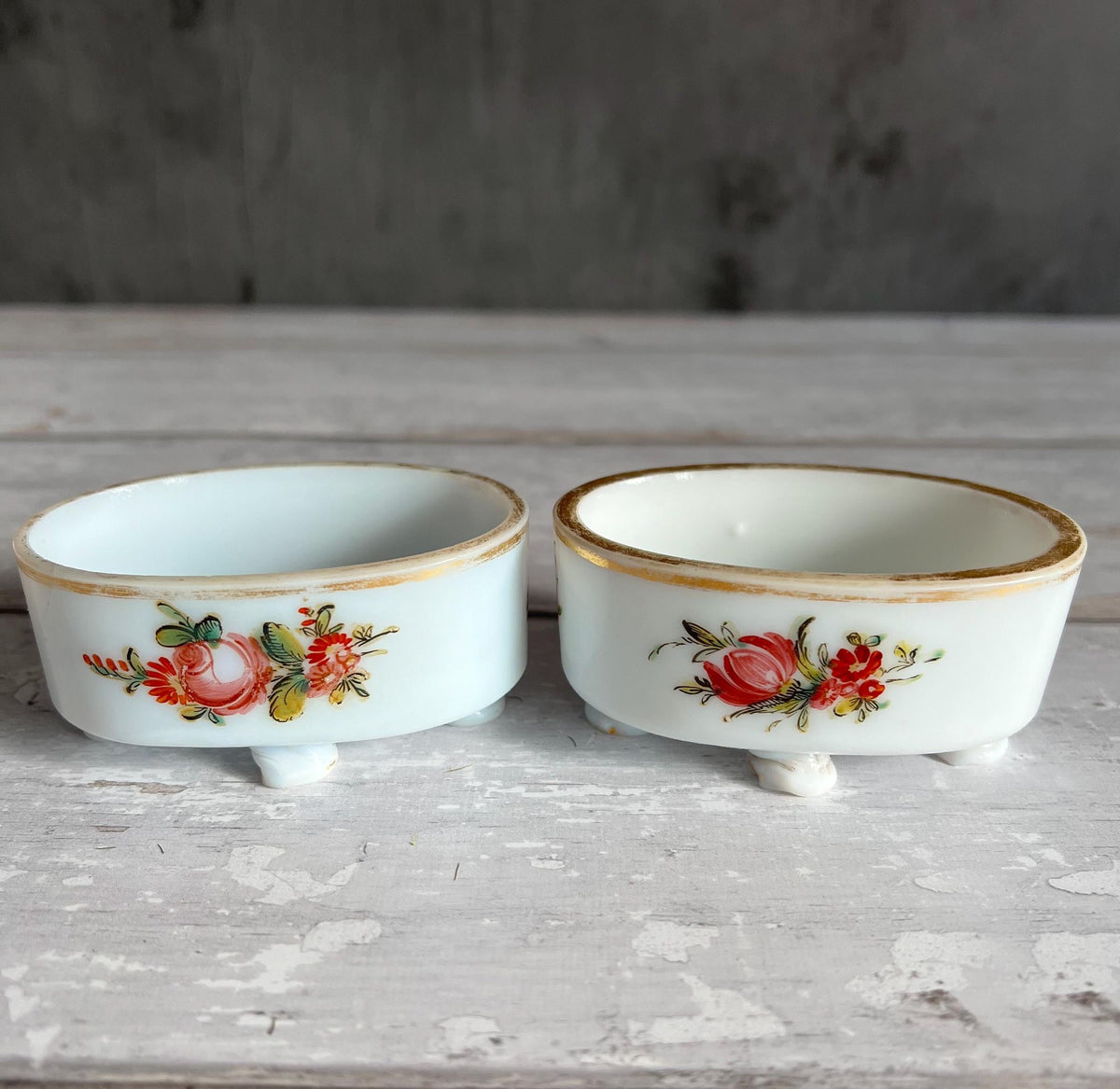 18th Century Opaline Glass Salt Cellars Enamelled Floral Design Georgian Wedding Gift