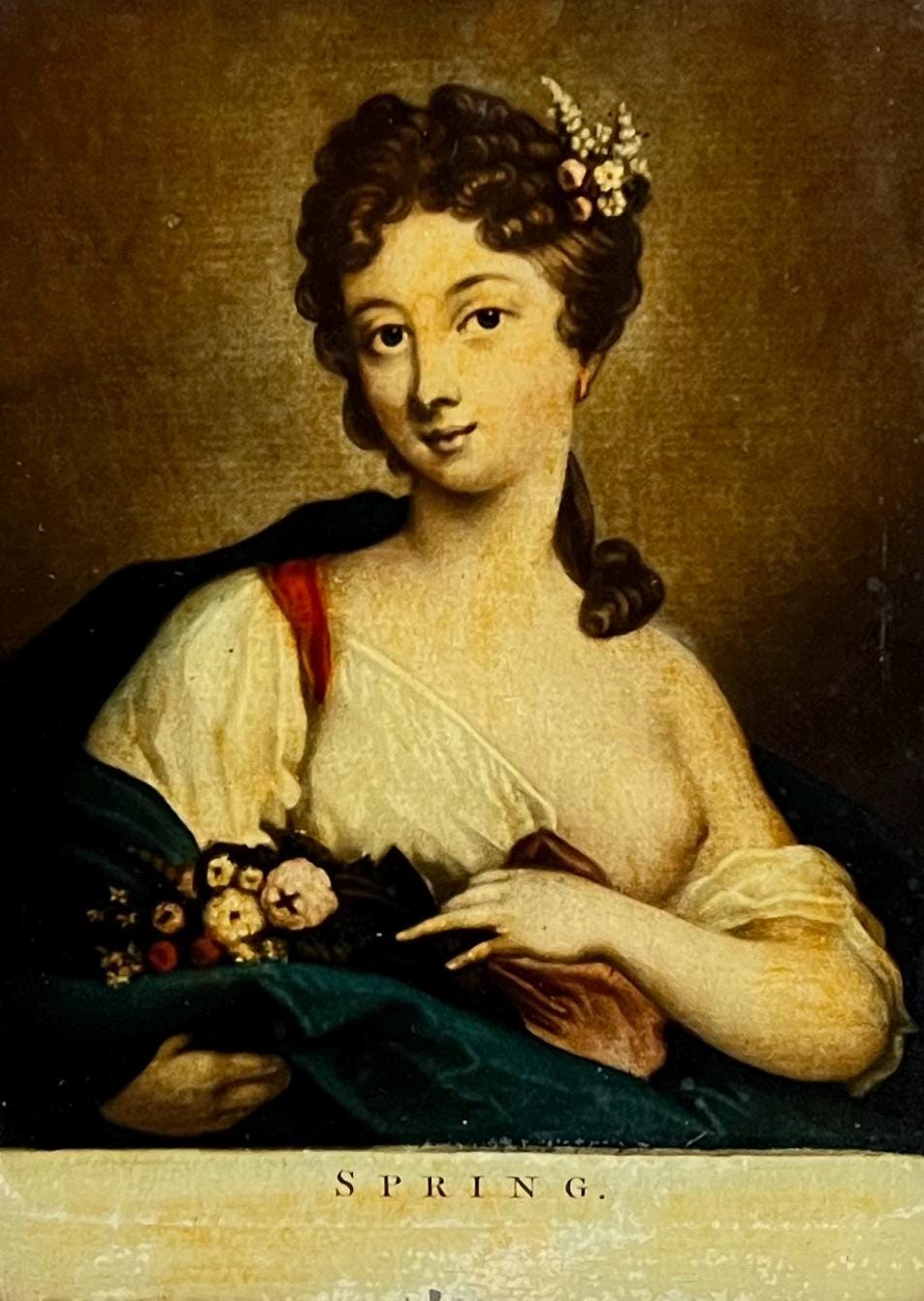 19th Century Reverse Print On Glass Spring Mezzotint After Rosalba Carriera Circa 1820