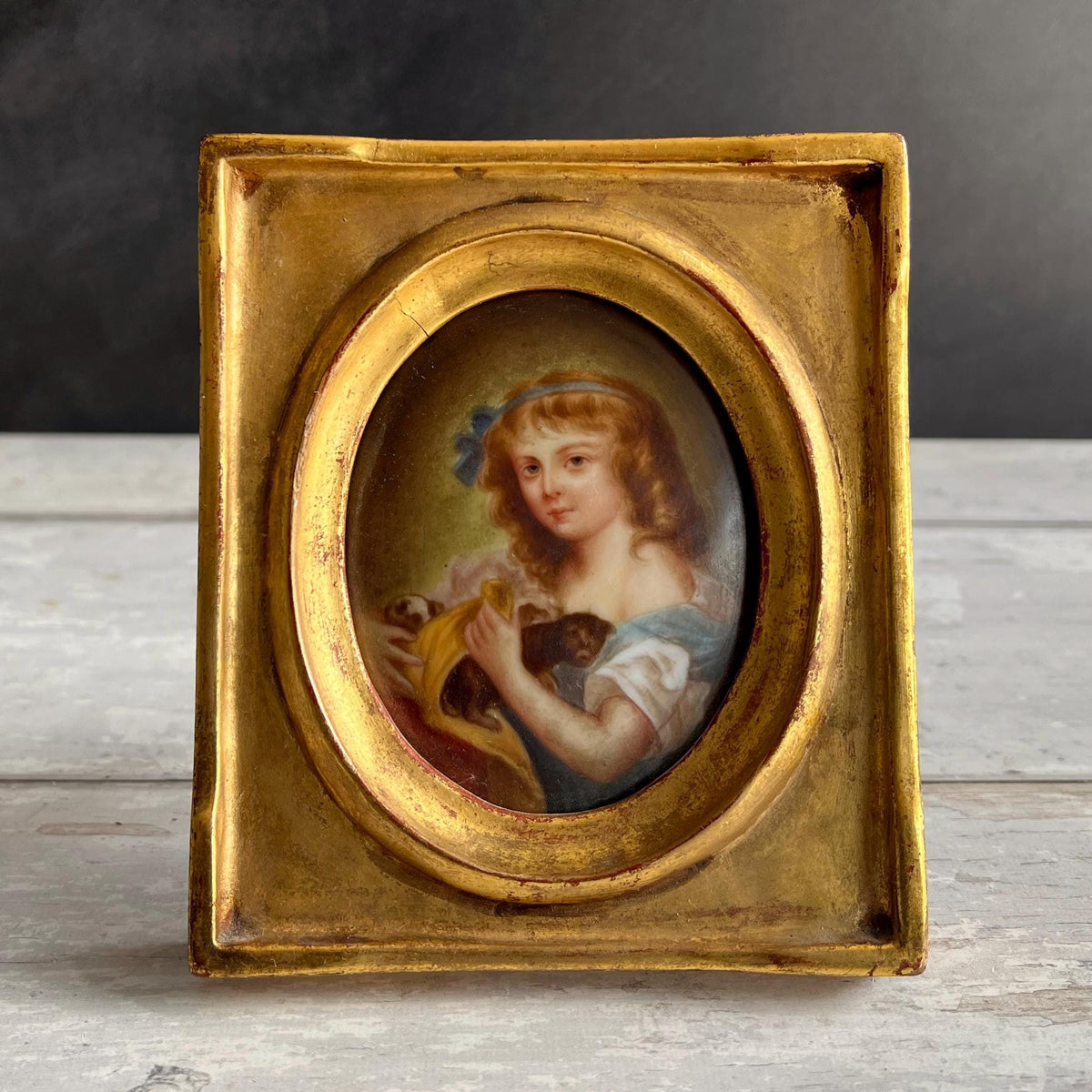 19th Century Painting Portrait Miniature On Porcelain Girl And Puppies C 1850 after Greuze