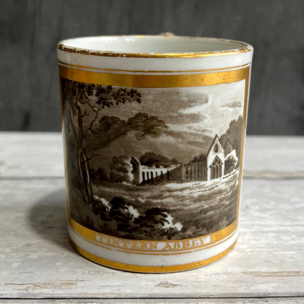 Tintern Abbey Porcelain Mug Hand Painted En Grisaille British Topographical Scene Circa 1810