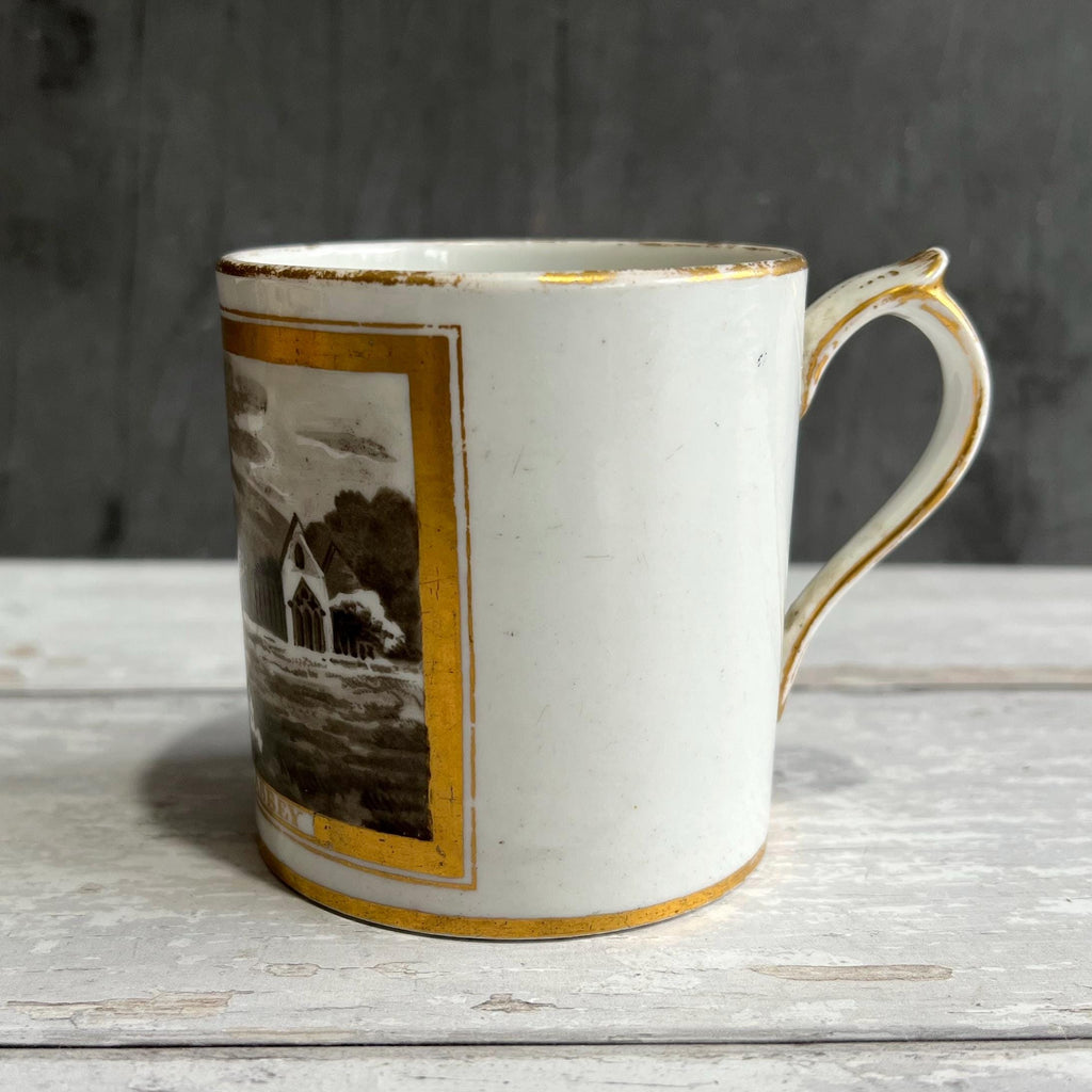 Tintern Abbey Porcelain Mug Hand Painted En Grisaille British Topographical Scene Circa 1810