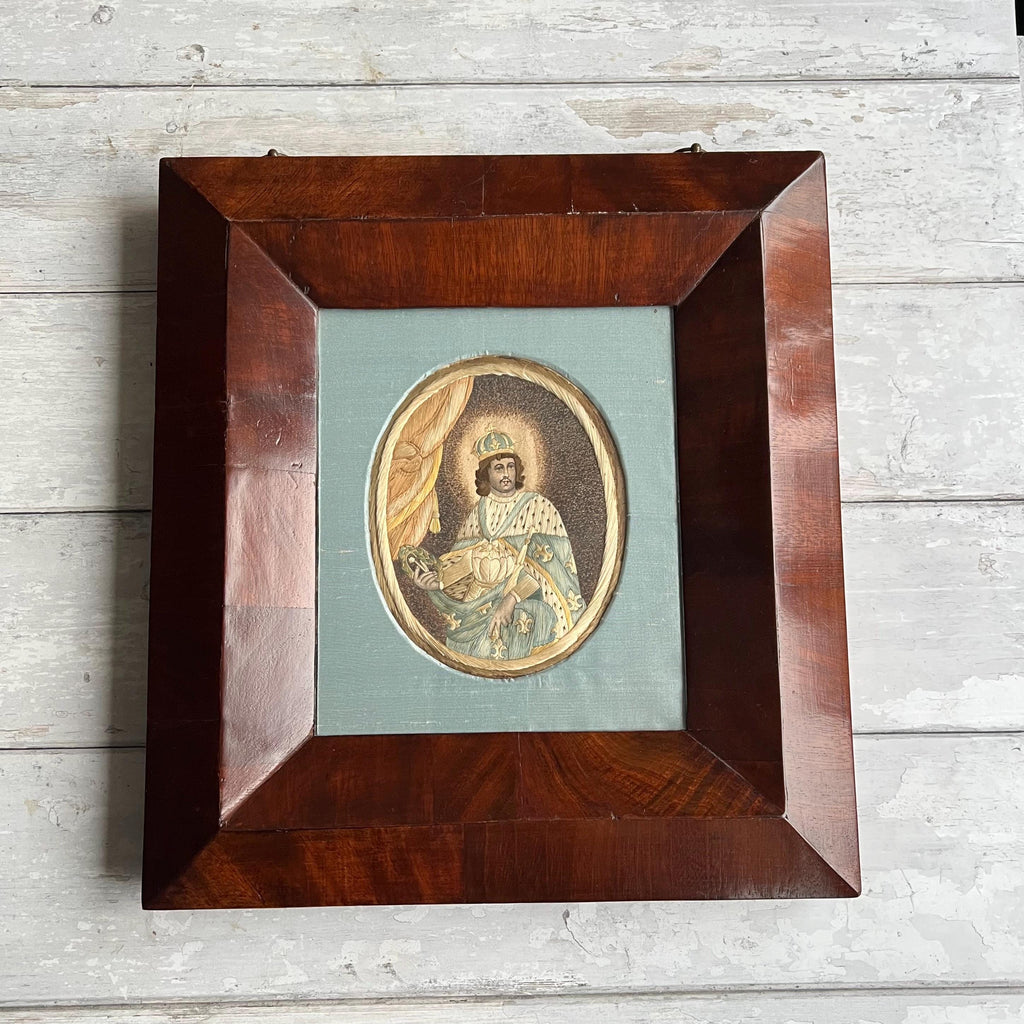 18th Century Embroidery On Paper Colifichet Pin Prick King Louis in Ogee Frame