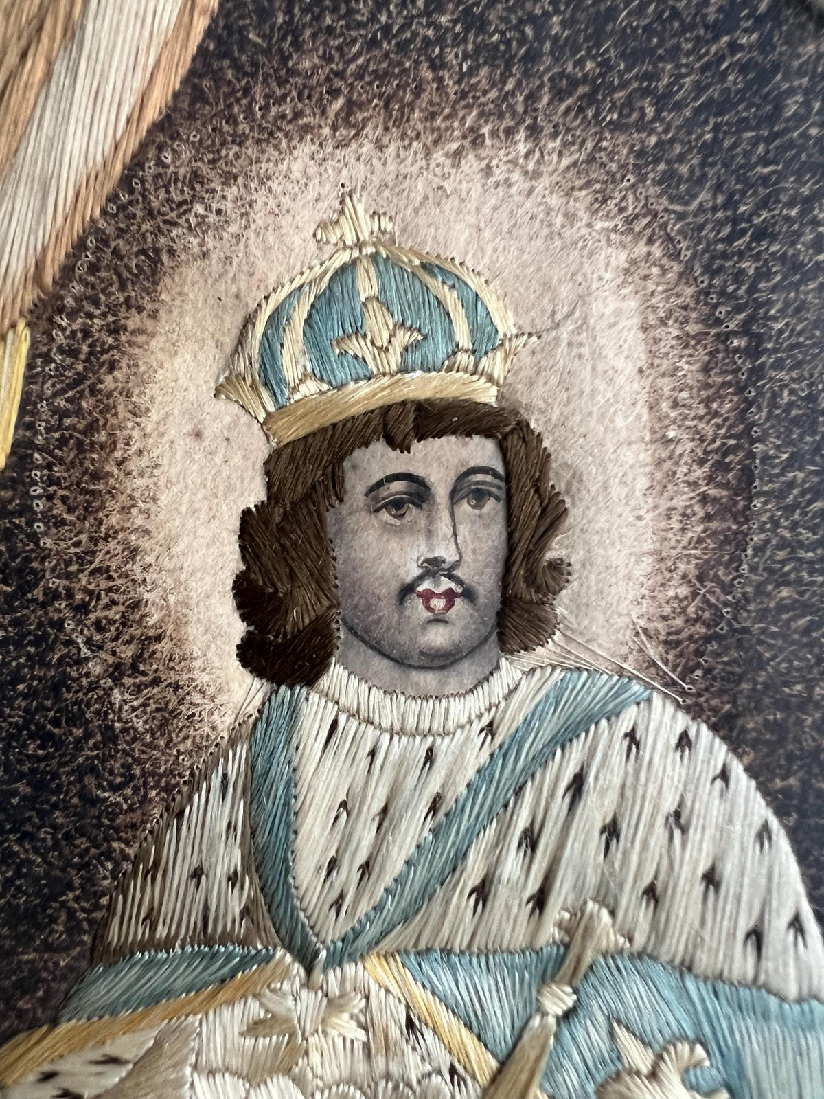 18th Century Embroidery On Paper Colifichet Pin Prick King Louis in Ogee Frame