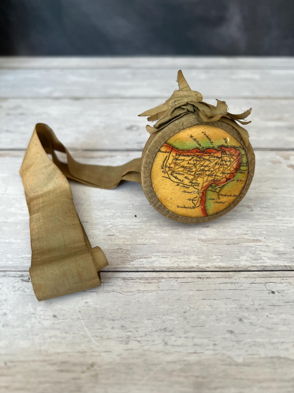Antique Tunbridge Ware Pincushion Isle of Thanet Map Georgian Pinwheel Circa 1830s