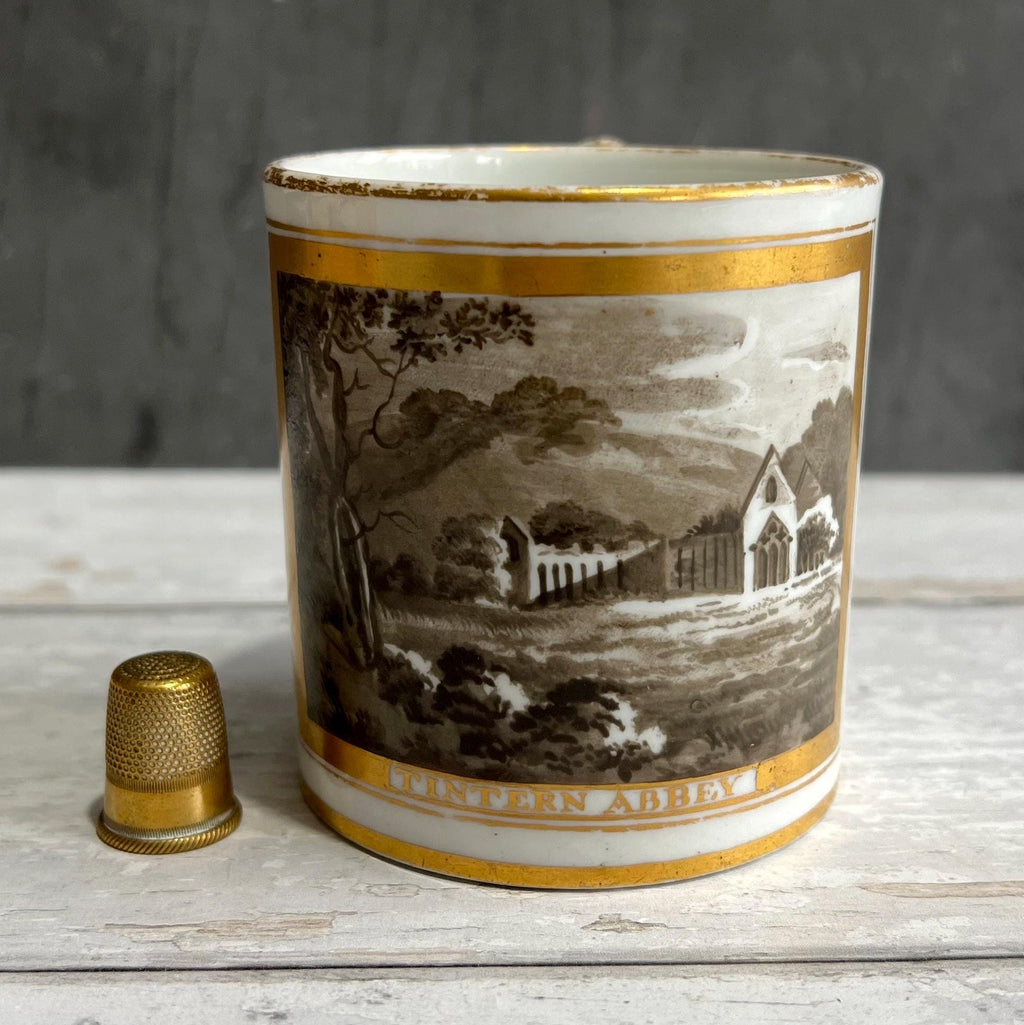 Tintern Abbey Porcelain Mug Hand Painted En Grisaille British Topographical Scene Circa 1810