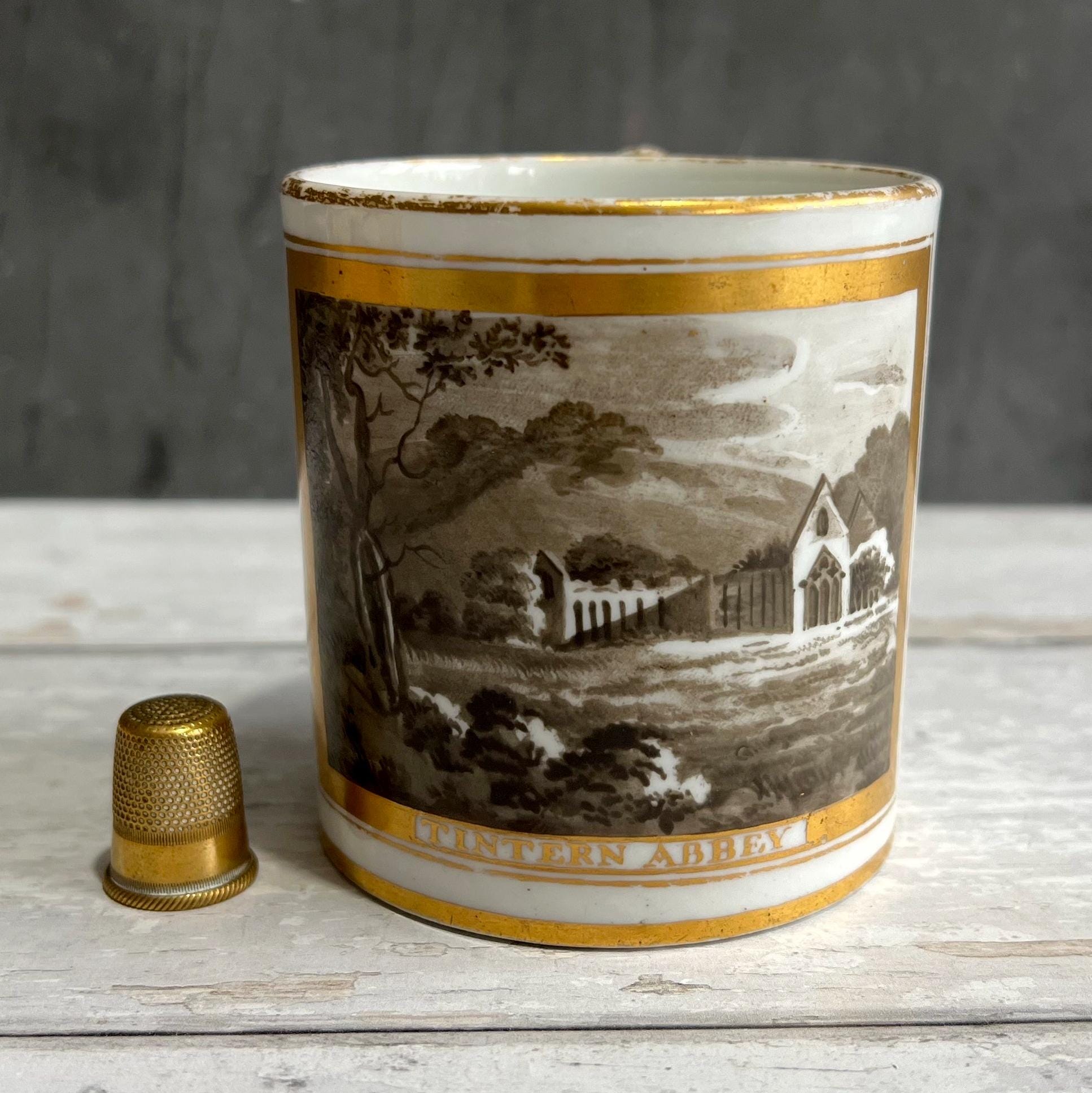Tintern Abbey Porcelain Mug Hand Painted En Grisaille British Topographical Scene Circa 1810
