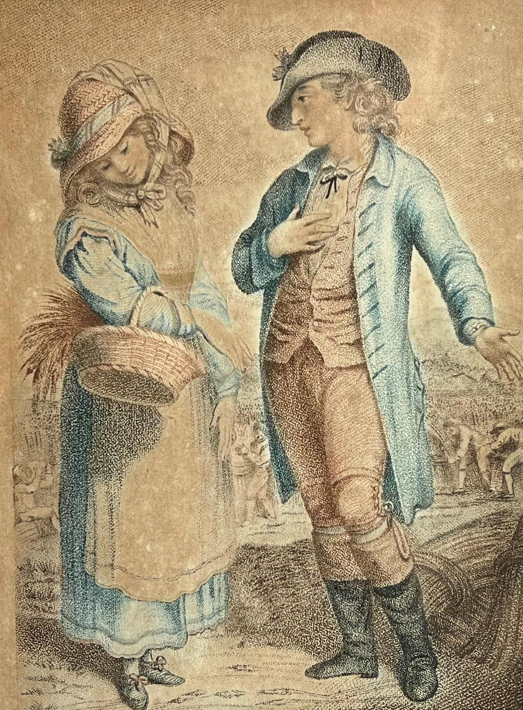 18th Century Stipple Engraving Palemon And Lavinia Rural Lovers Harvest English C 1780