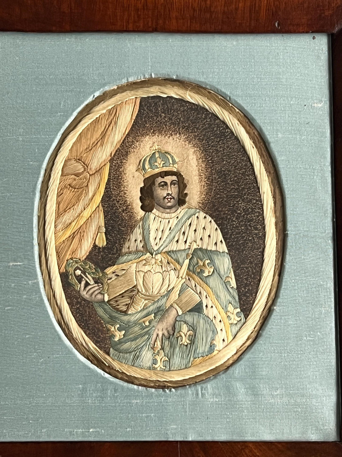 18th Century Embroidery On Paper Colifichet Pin Prick King Louis in Ogee Frame