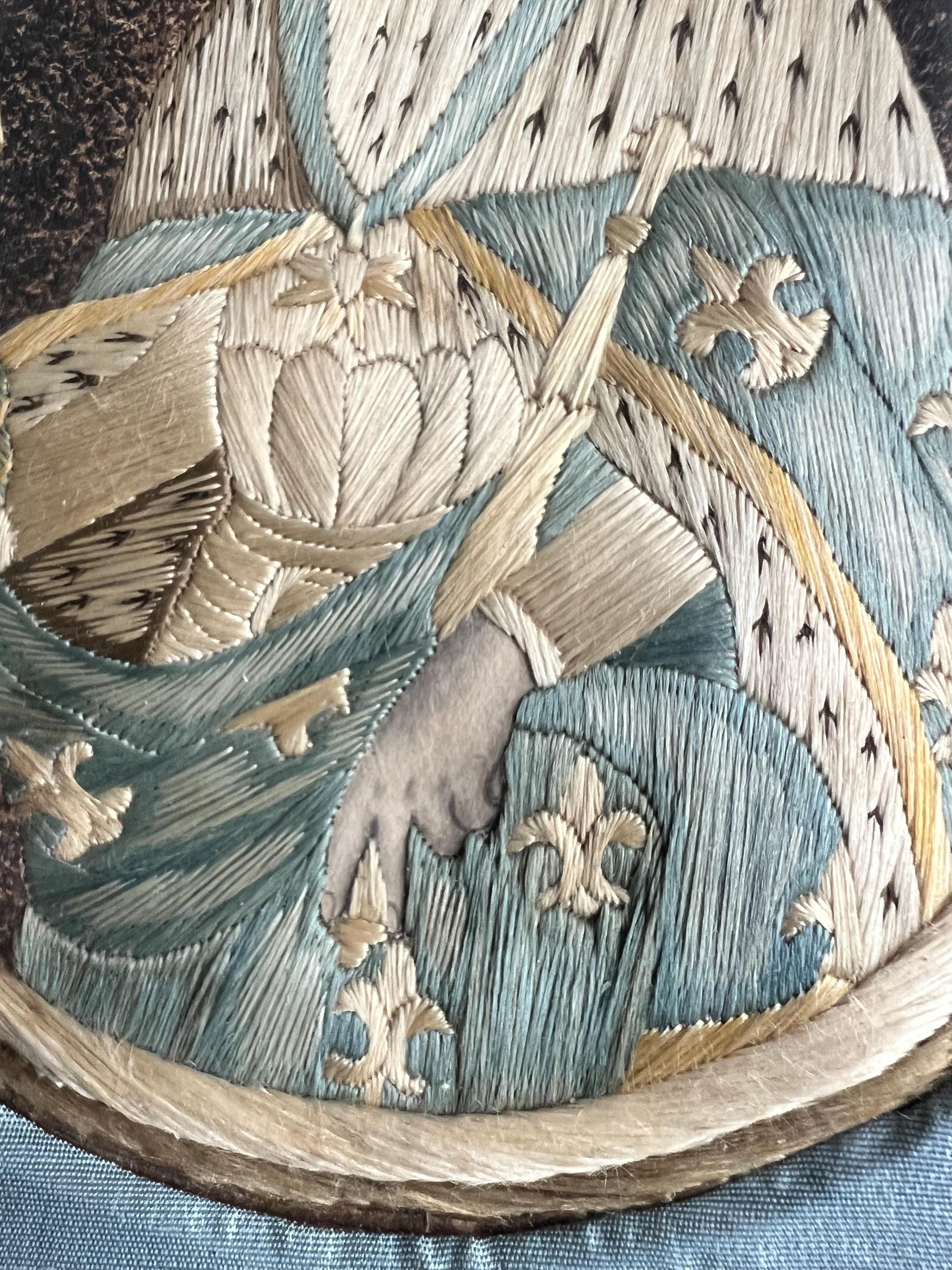 18th Century Embroidery On Paper Colifichet Pin Prick King Louis in Ogee Frame