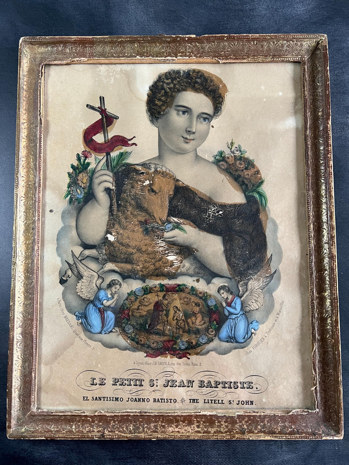 19th Century Catholic Lithograph Print John The Baptist and Lamb C 1840 Shabby Chic