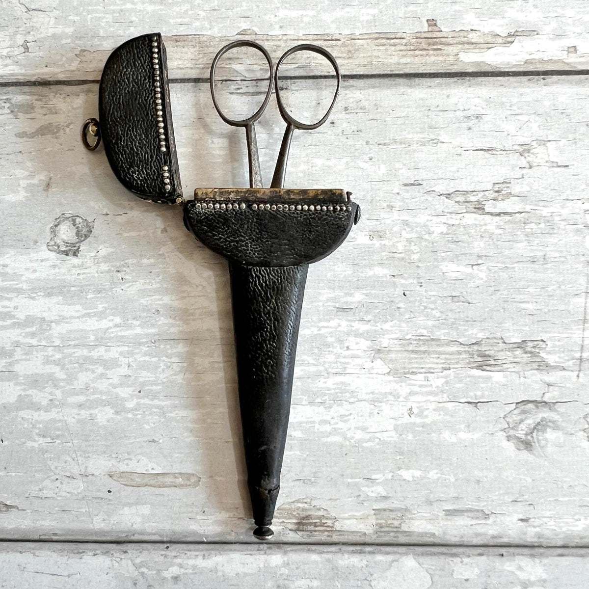 Georgian Leather Sewing Scissor Case and Scissors Black Shagreen Clouté Decoration Circa 1730 AF