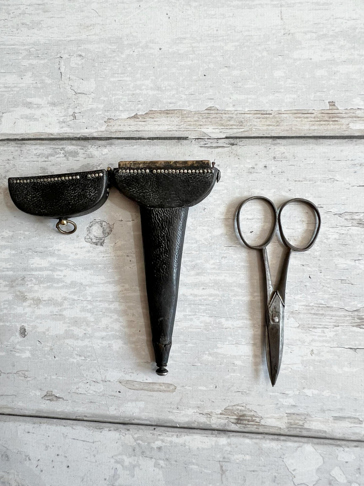 Georgian Leather Sewing Scissor Case and Scissors Black Shagreen Clouté Decoration Circa 1730 AF