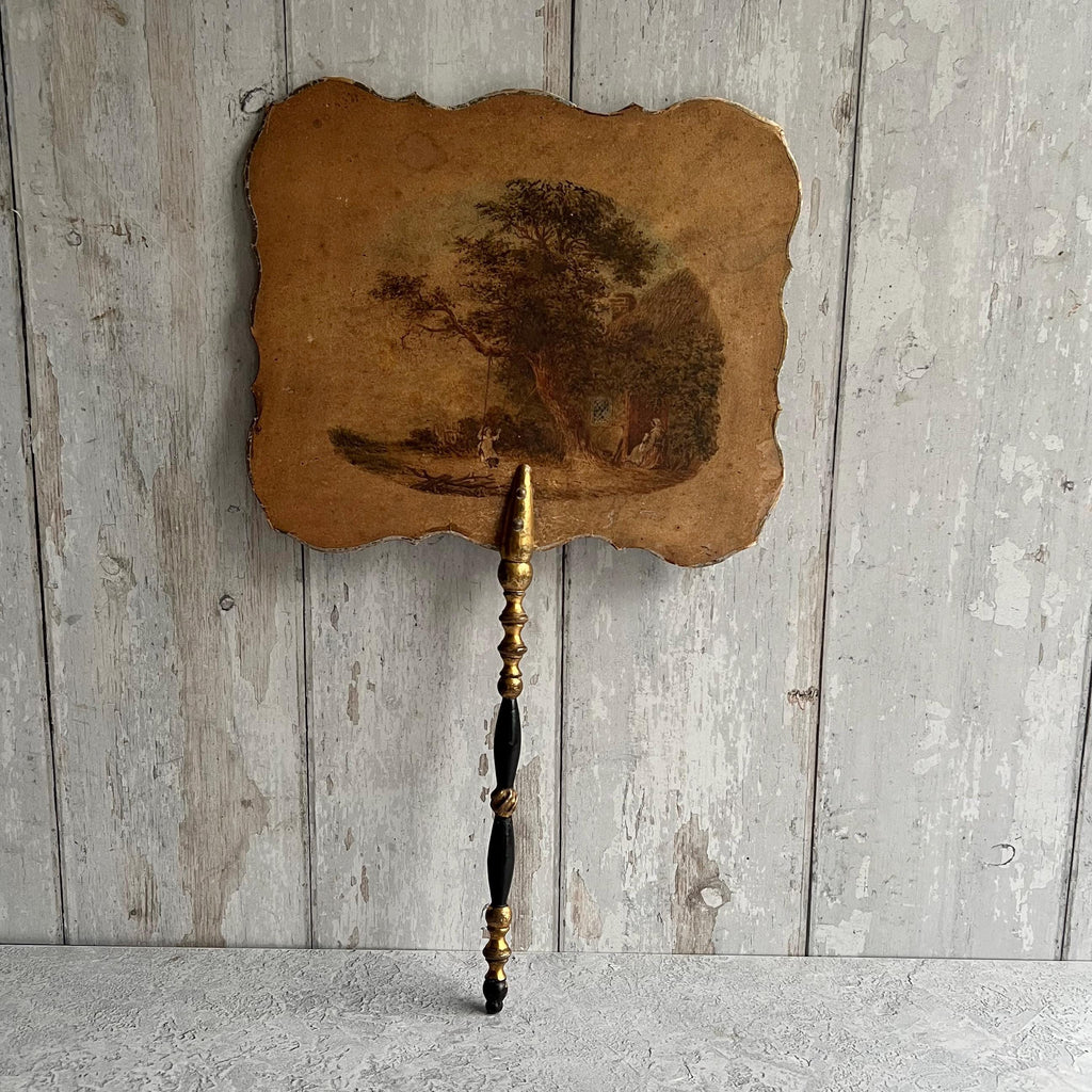Antique Georgian Face Screen Hand Painted Cottage Scene Lady Sewing English C 1825