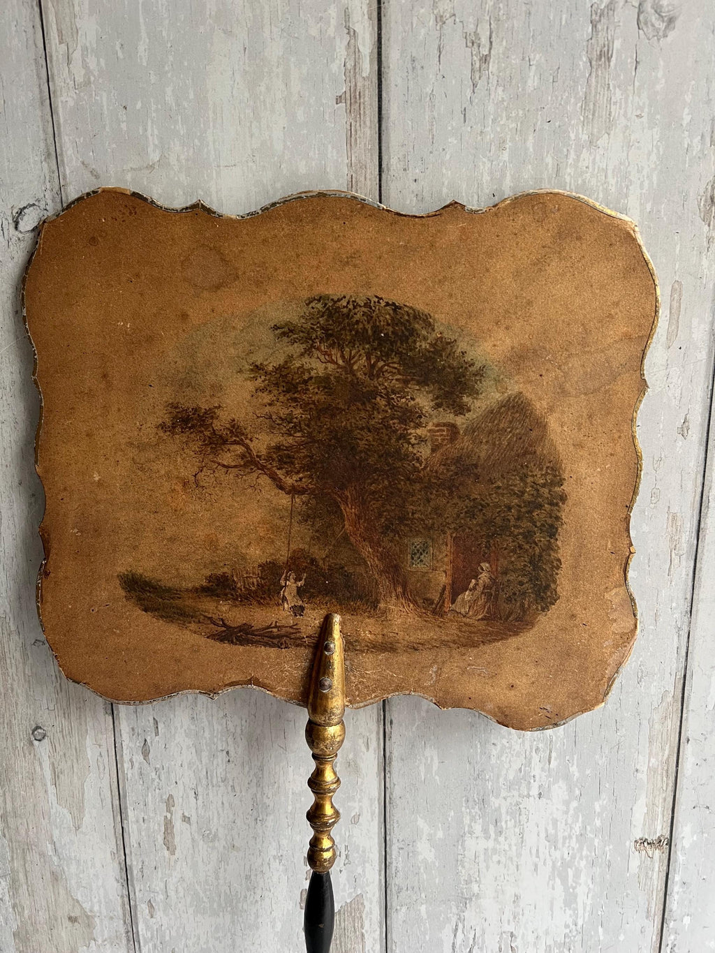 Antique Georgian Face Screen Hand Painted Cottage Scene Lady Sewing English C 1825