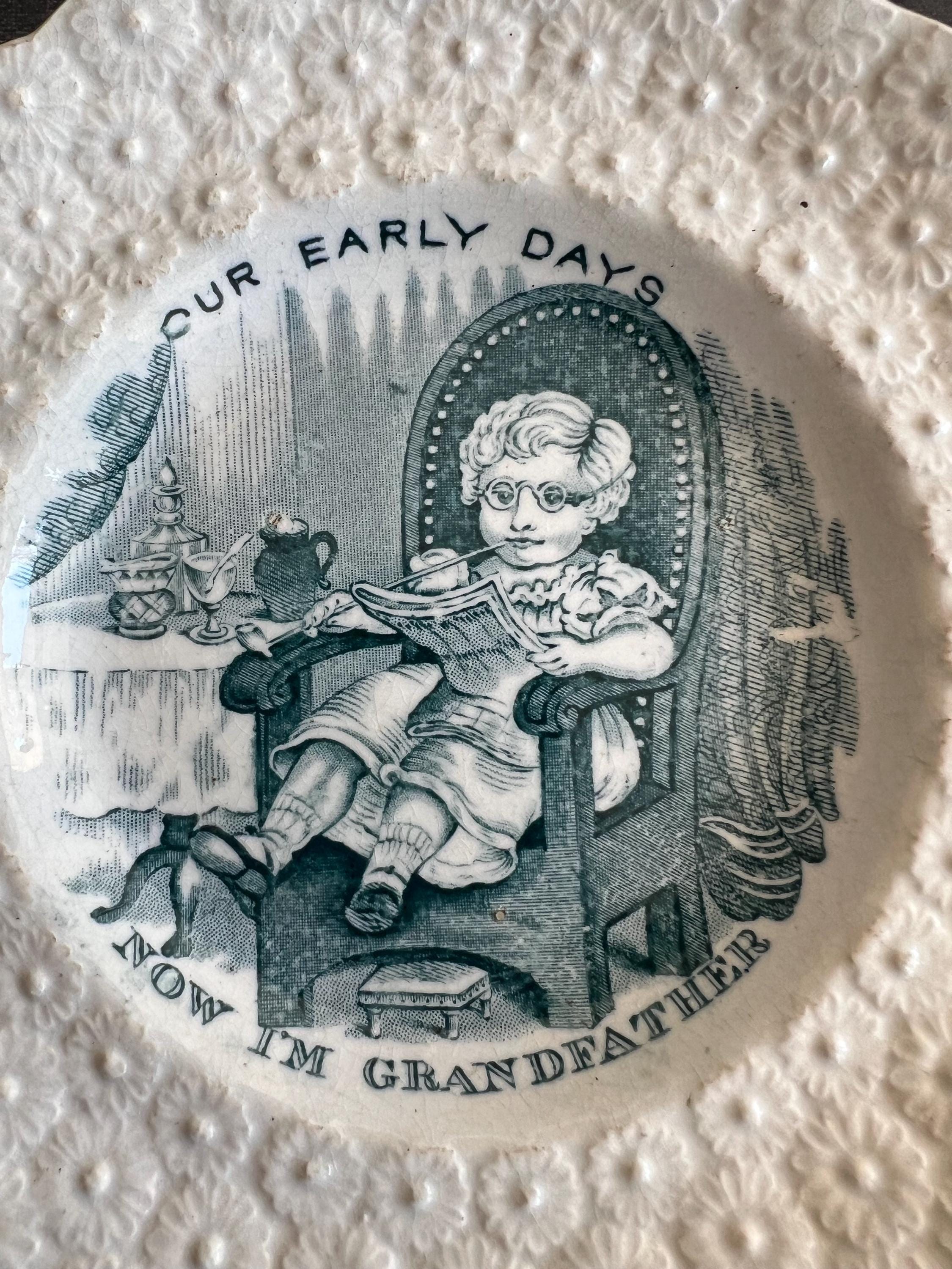 Antique 19th Century Staffordshire Childrens Plate Our Early Days Grandfather 1828