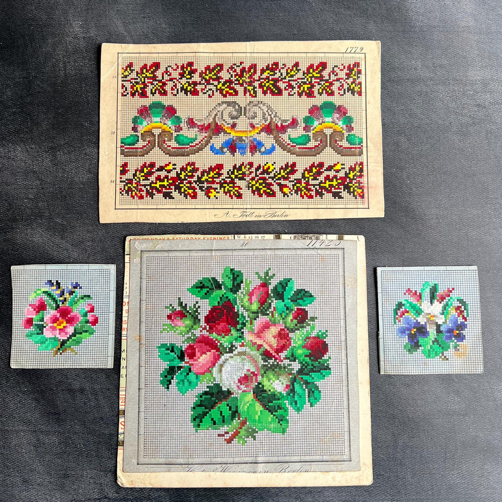 Antique Berlin Woolwork Charts Hand Painted Embroidery Patterns Set of 4