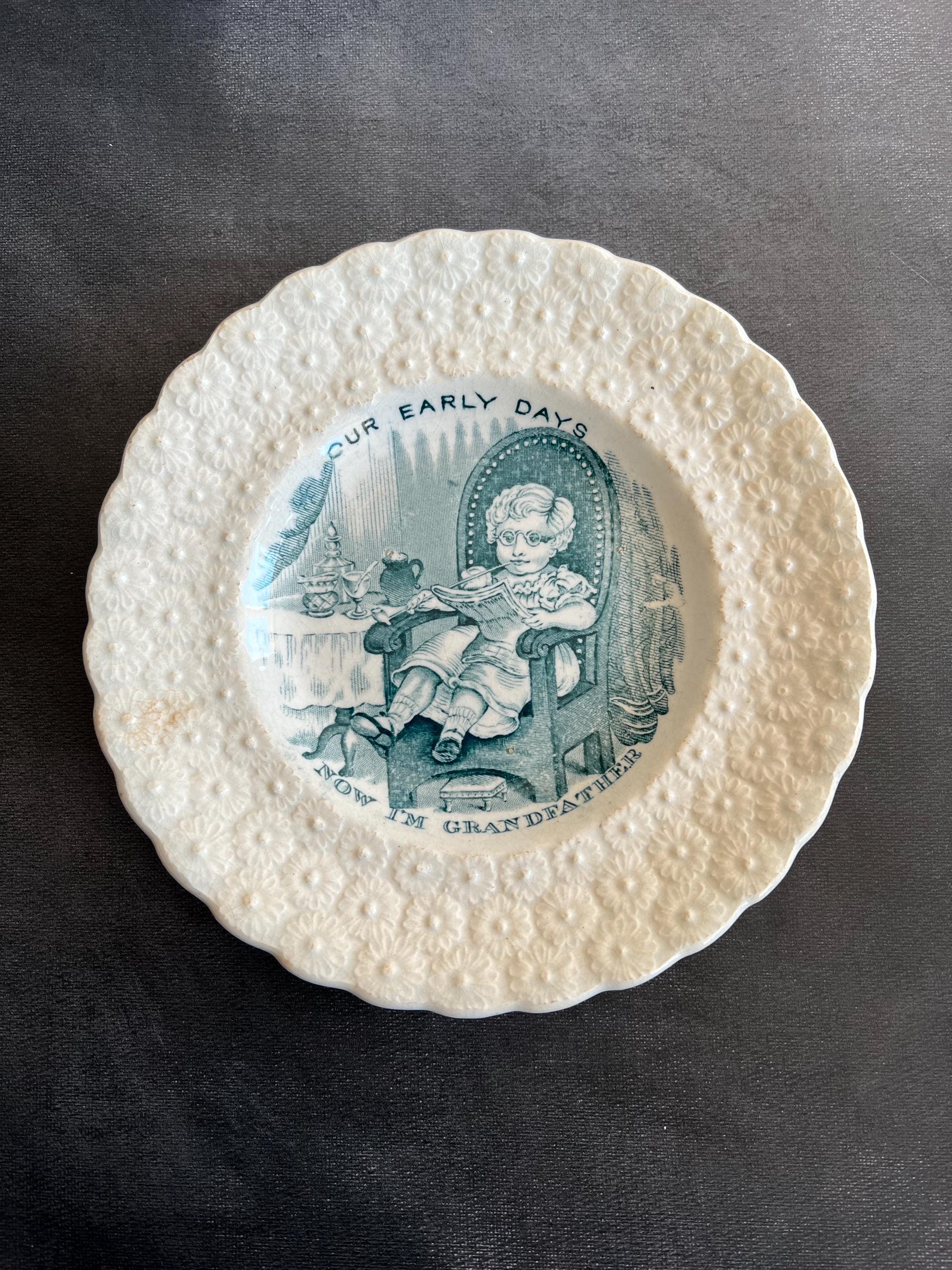 Antique 19th Century Staffordshire Childrens Plate Our Early Days Grandfather 1828