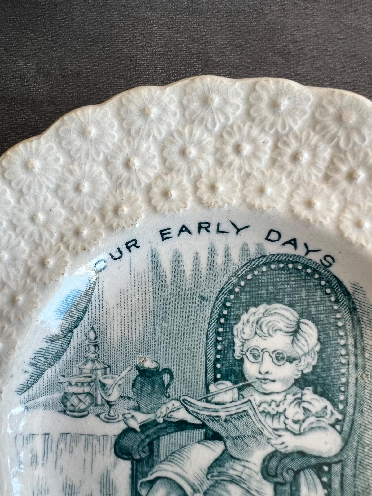 Antique 19th Century Staffordshire Childrens Plate Our Early Days Grandfather 1828