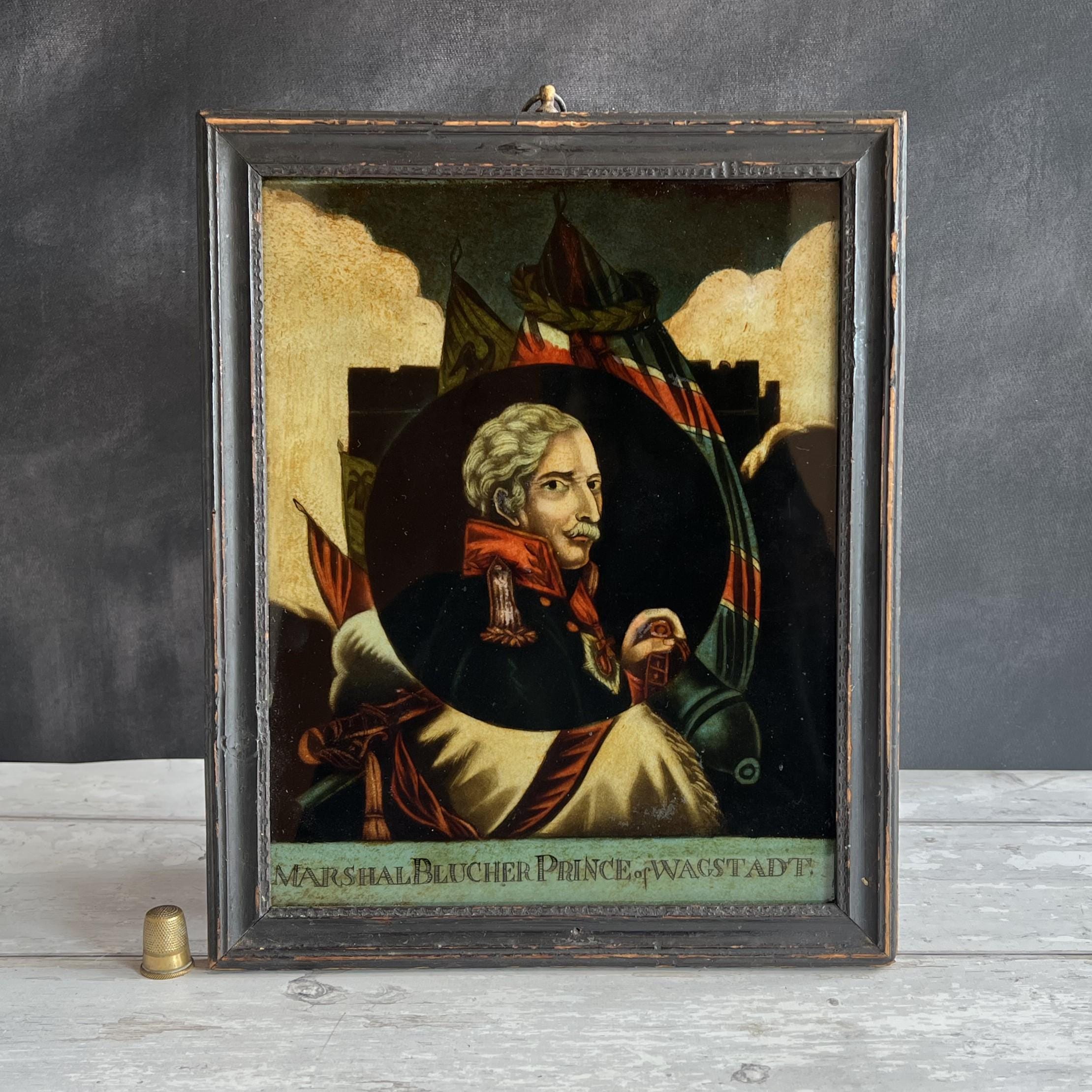Georgian Reverse Print on Glass Marshall Blucher Waterloo C 1815