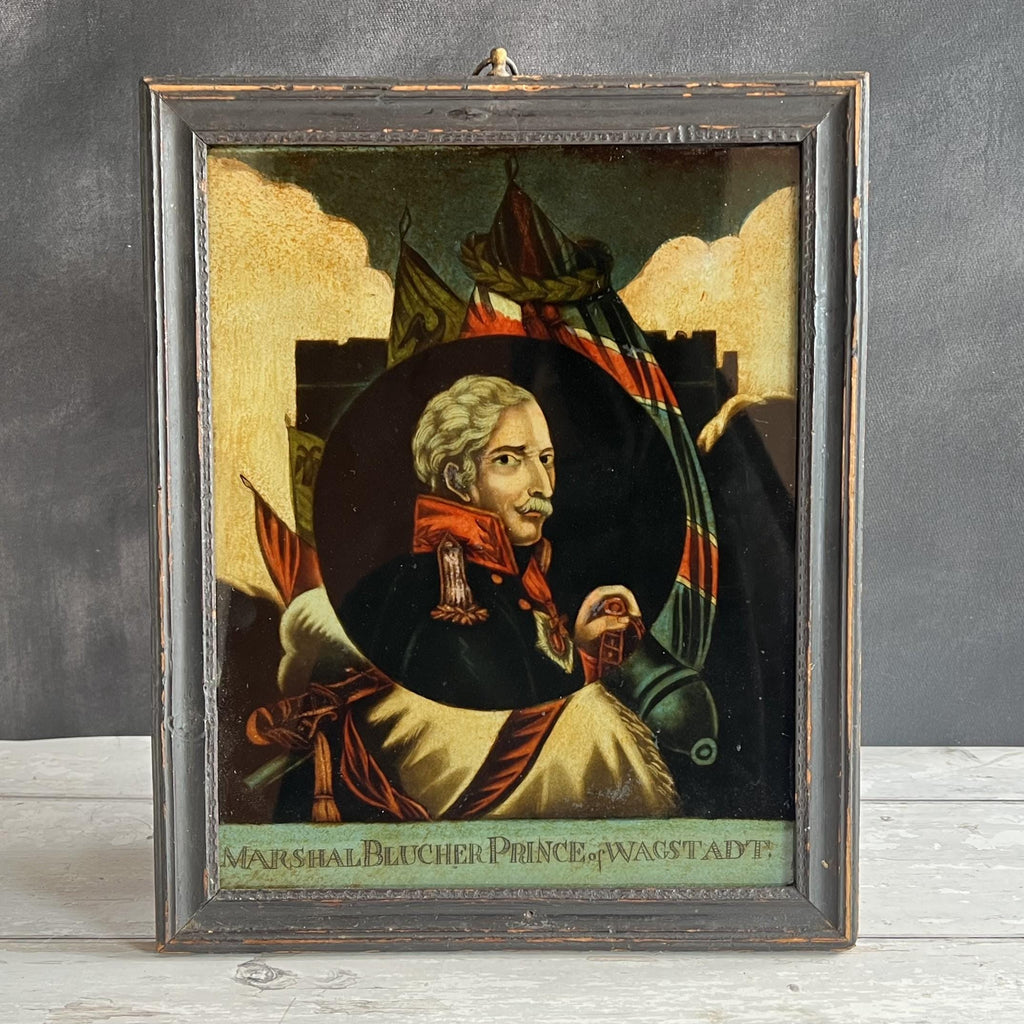 Georgian Reverse Print on Glass Marshall Blucher Waterloo C 1815