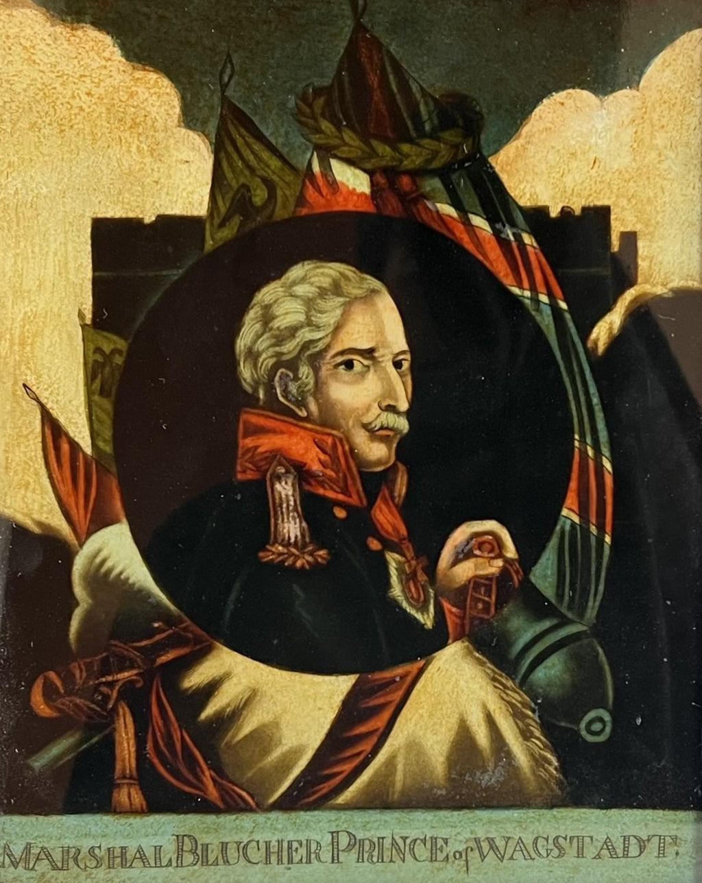 Georgian Reverse Print on Glass Marshall Blucher Waterloo C 1815
