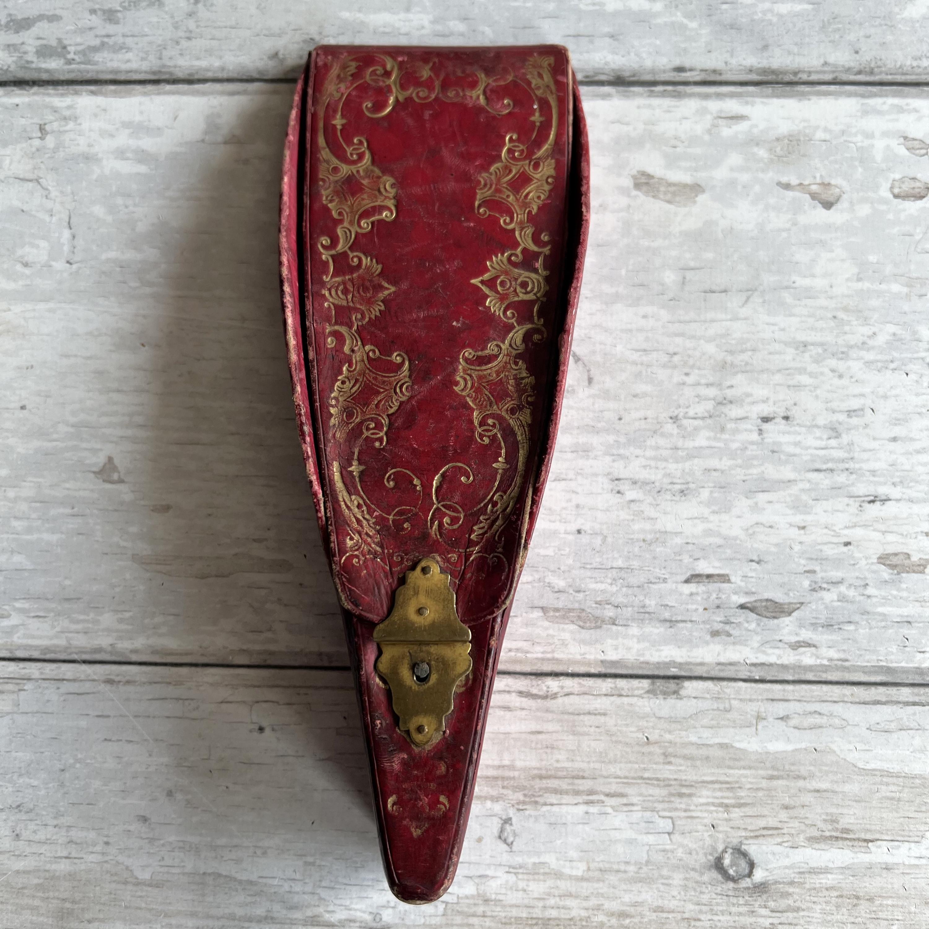 19th Century Scissor Case and Scissors Gilt Tooled Red Leather Circa 1840 AF