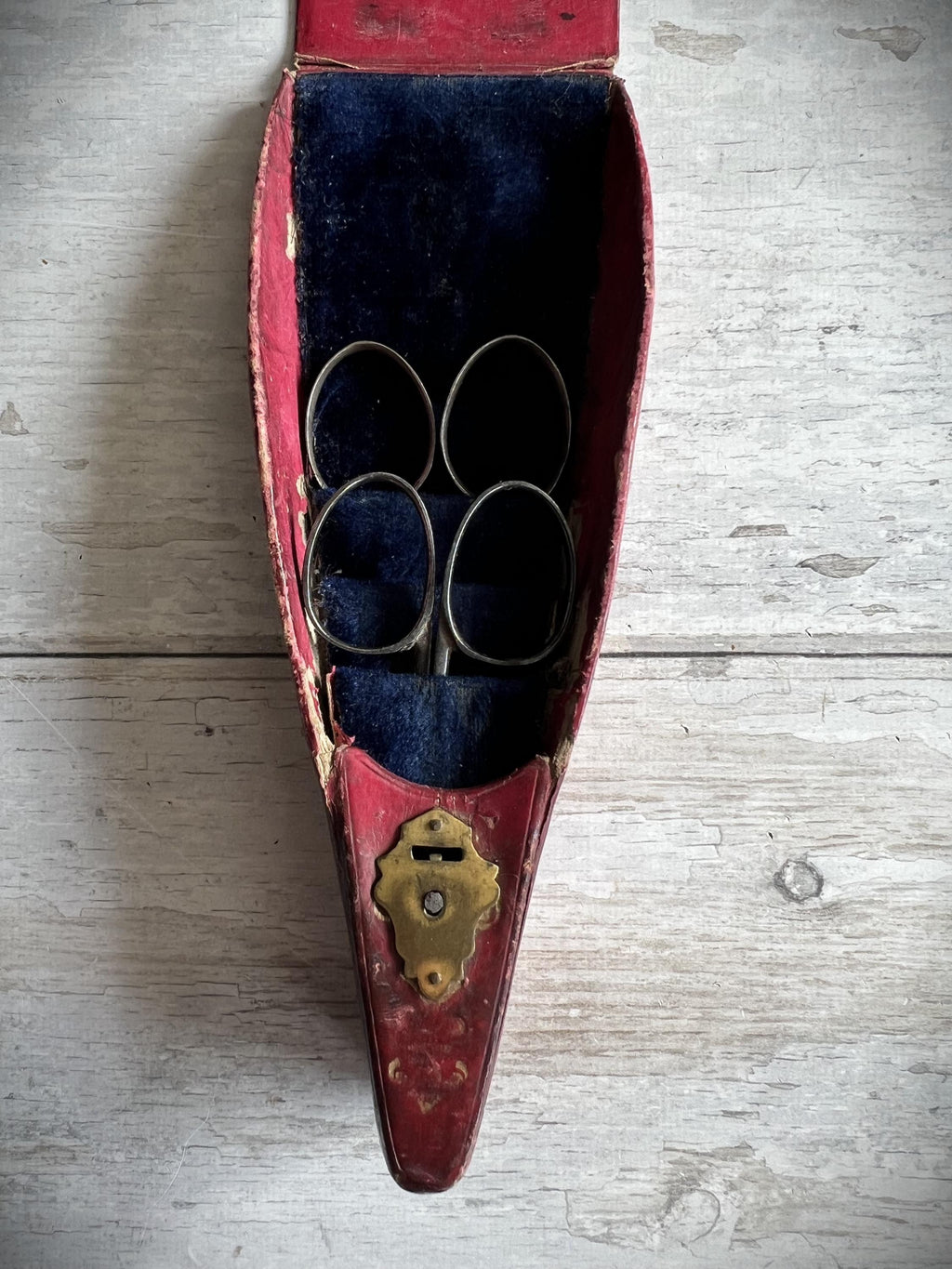 19th Century Scissor Case and Scissors Gilt Tooled Red Leather Circa 1840 AF