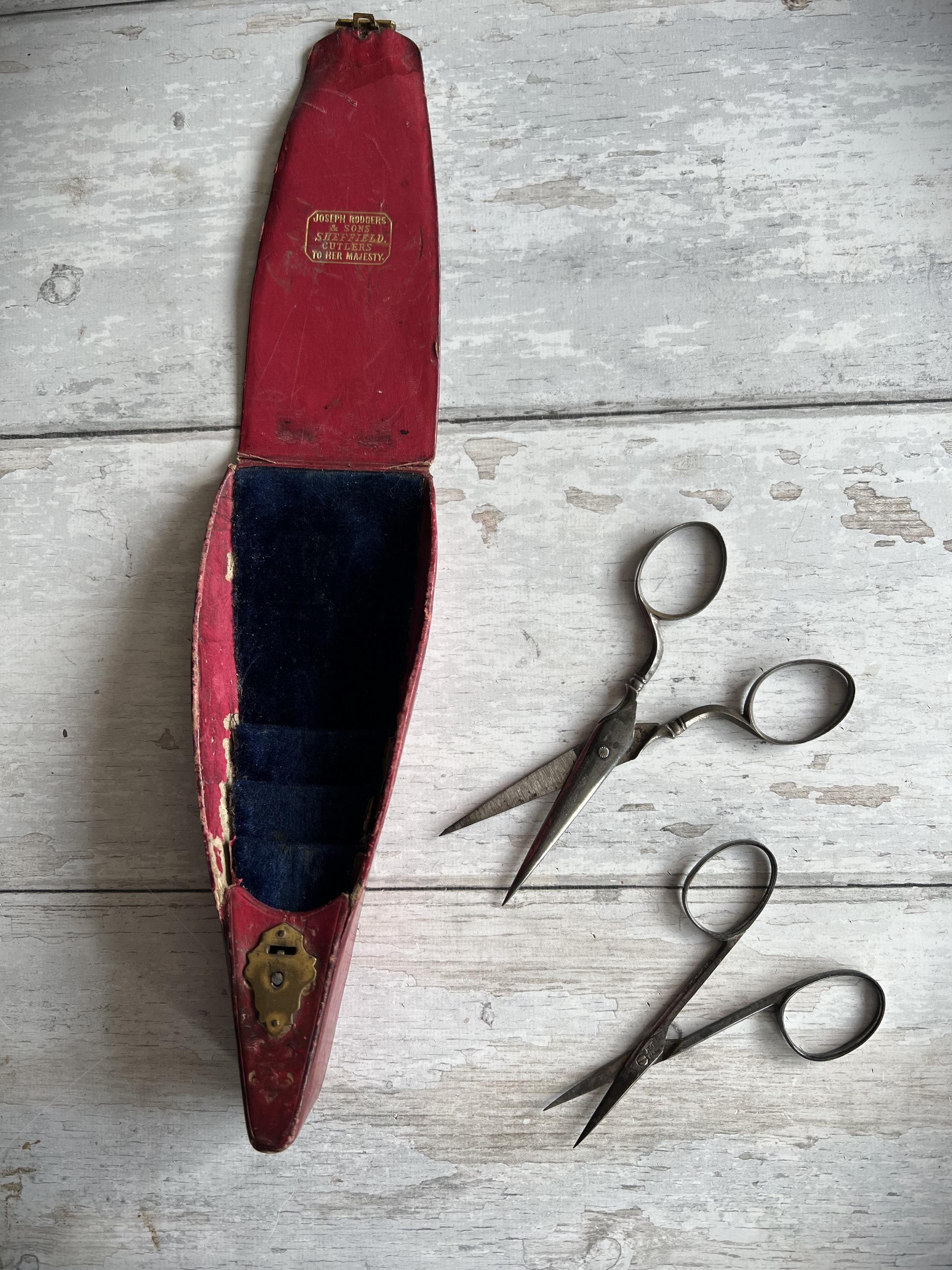 19th Century Scissor Case and Scissors Gilt Tooled Red Leather Circa 1840 AF