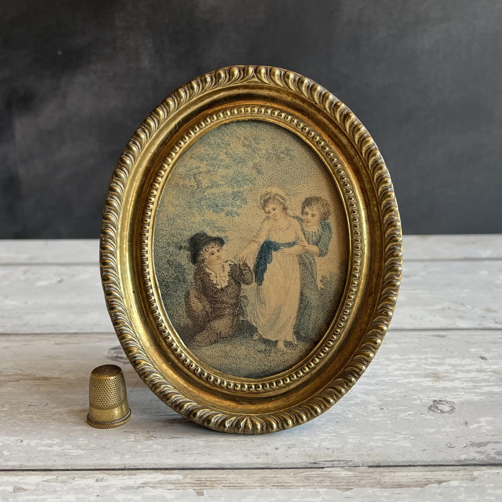 19th Century Miniature Stipple Engraving Children Playing C 1800 Pressed Brass Frame