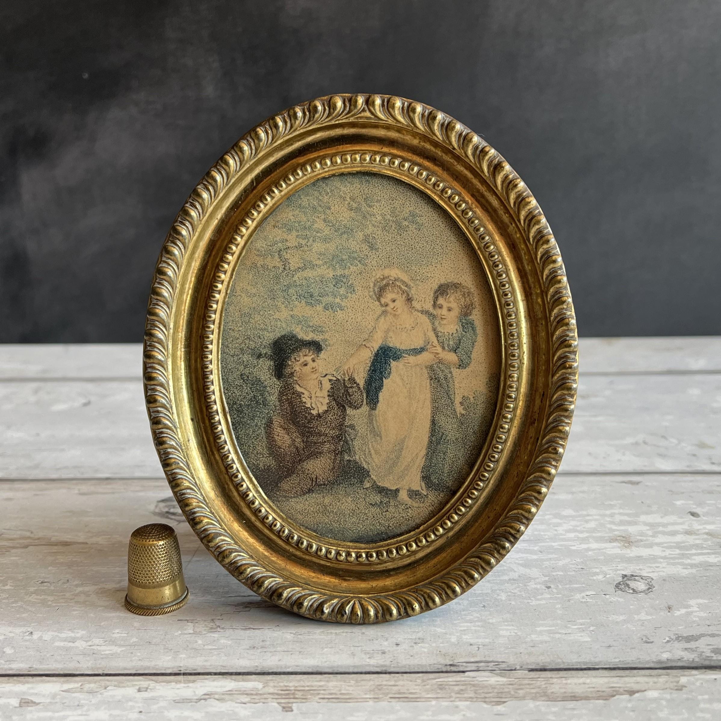 19th Century Miniature Stipple Engraving Children Playing C 1800 Pressed Brass Frame