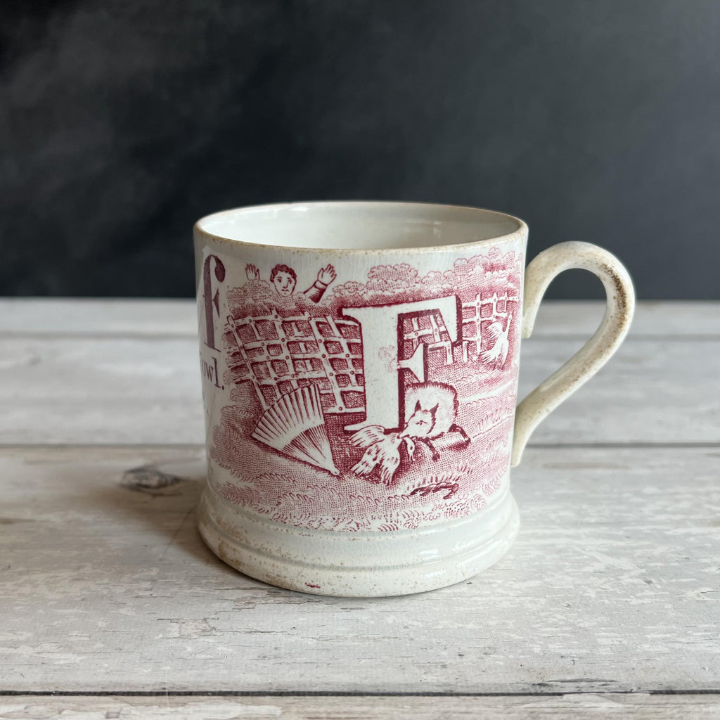 Antique Alphabet Mug F Is For Fox C 1850 Red Transferware Pearlware