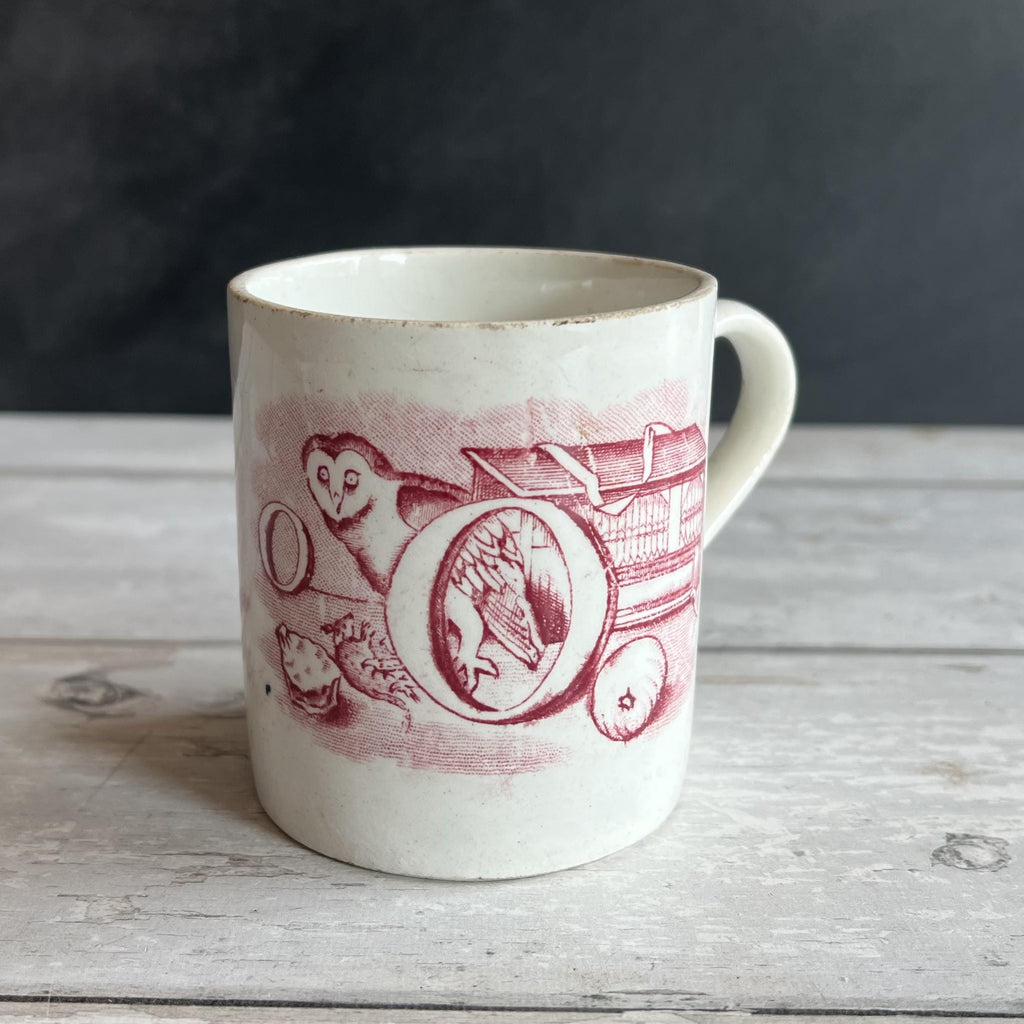 Antique 1850s Childs Alphabet Mug Red Transferware Owl & Nest