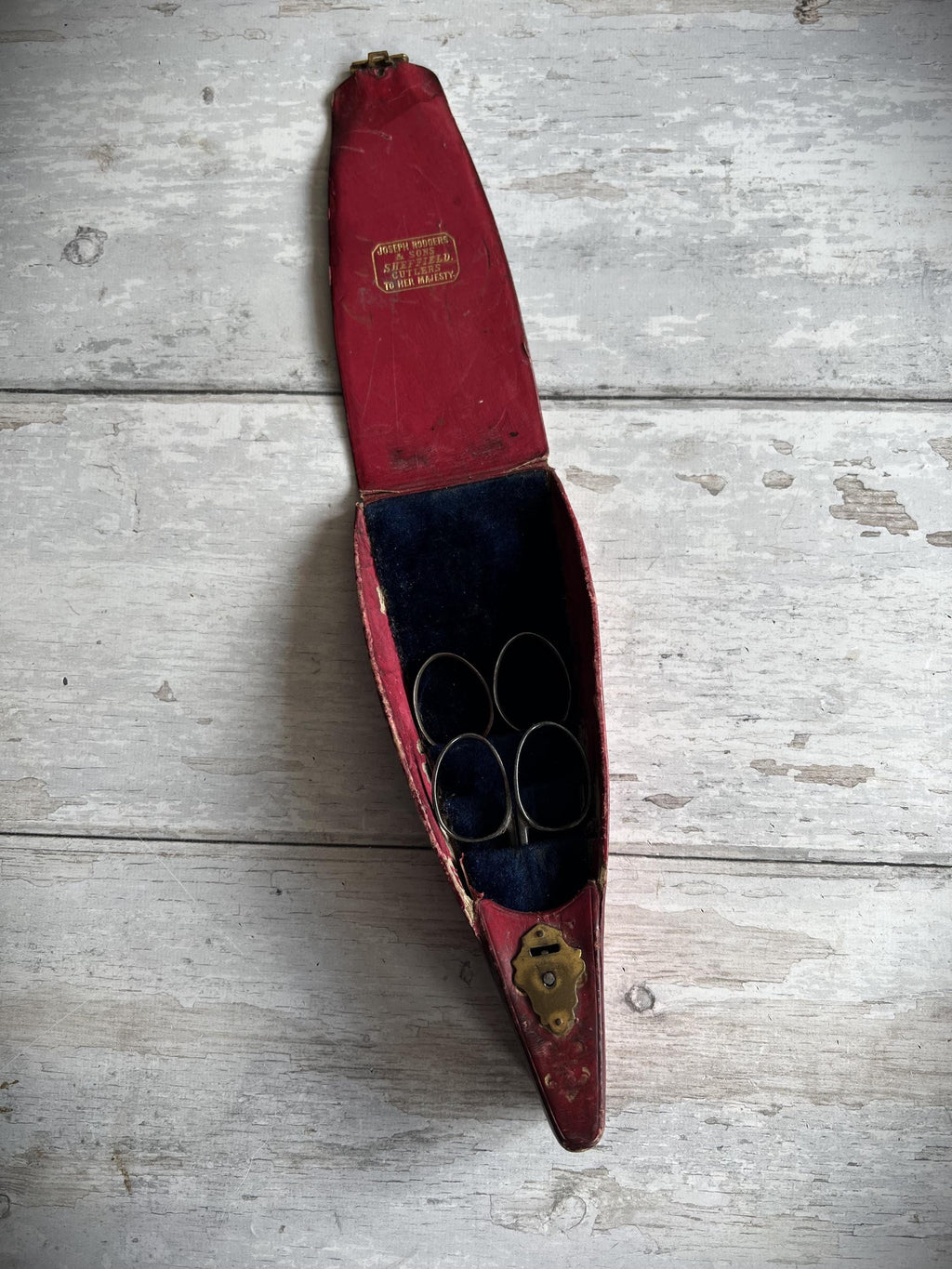 19th Century Scissor Case and Scissors Gilt Tooled Red Leather Circa 1840 AF