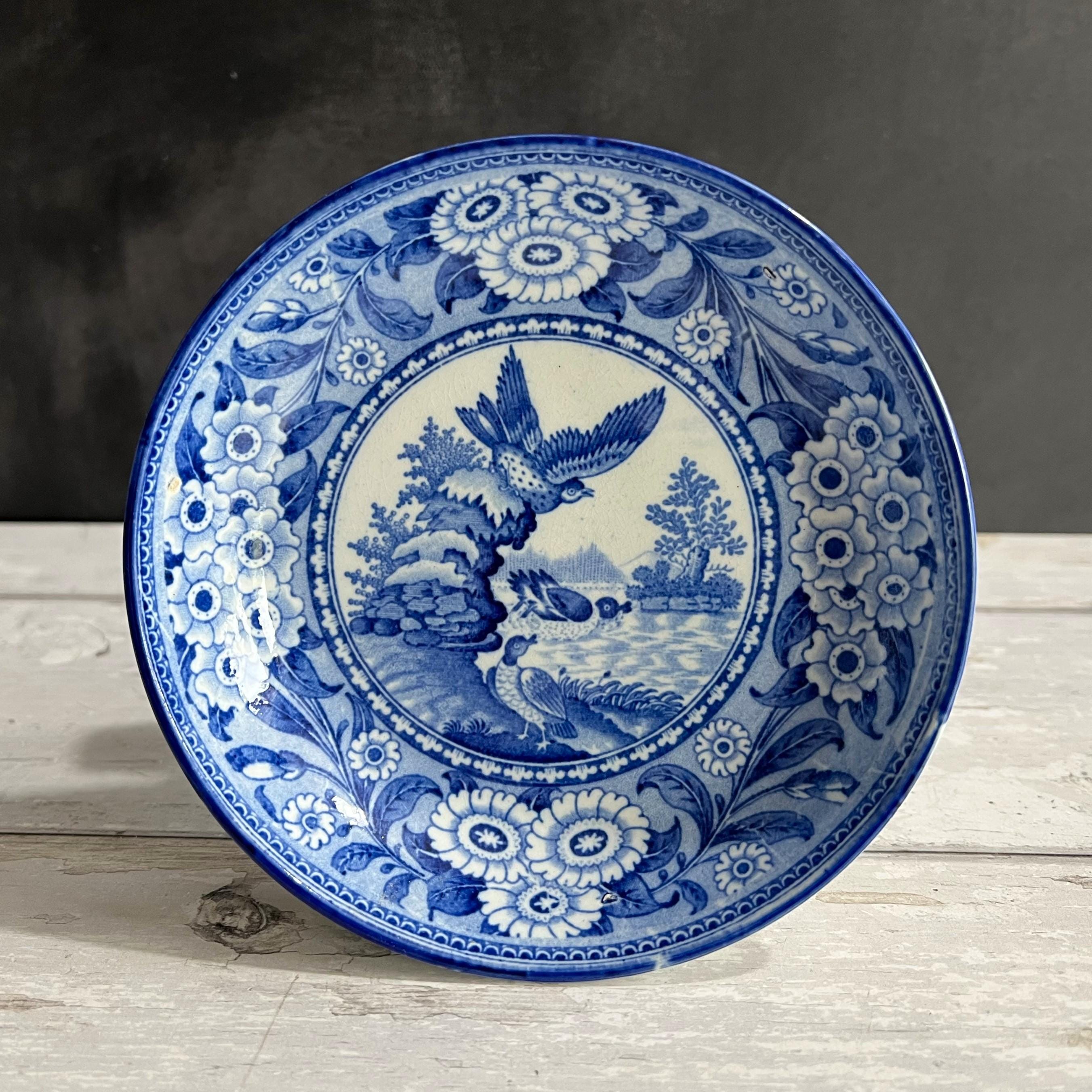 Antique 1820s English Pearlware Tea Bowl and Saucer, Blue Willow Bird Design