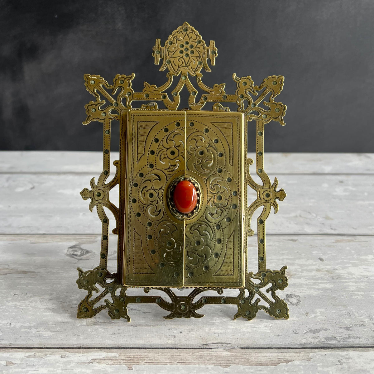 Victorian Gothic Revival Brass Cabochon Photograph Frame Circa 1880 AF