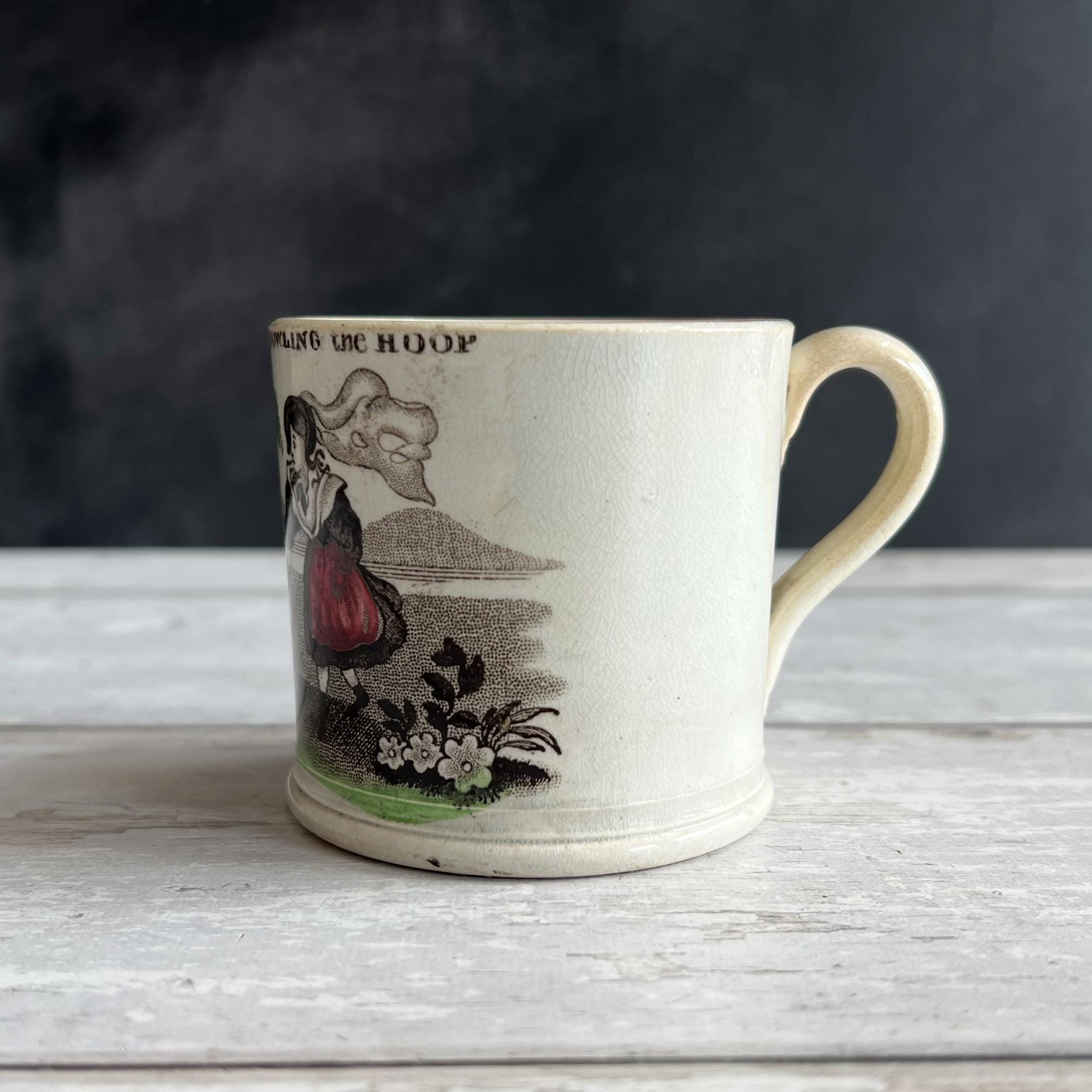 19th Century Rare Childs Mug Bowling The Hoop Childhood Game English C 1840