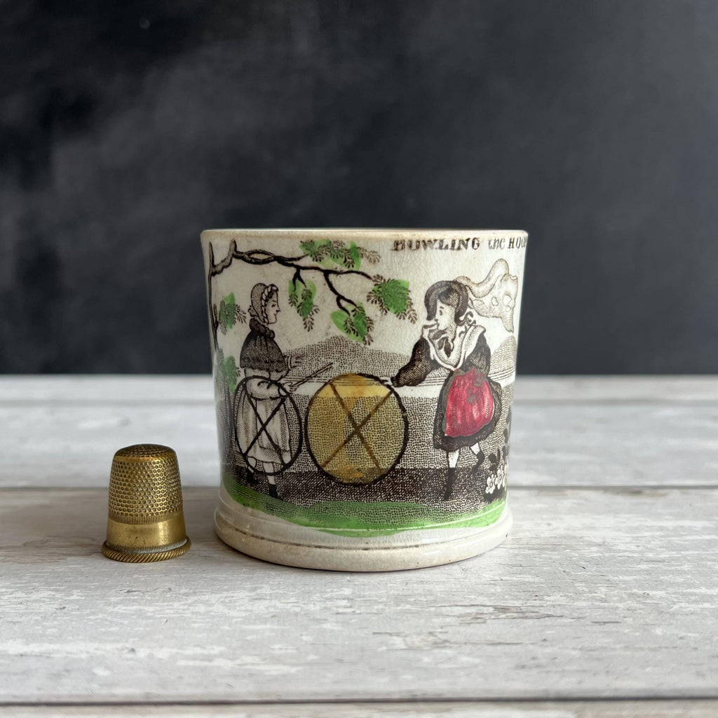 19th Century Rare Childs Mug Bowling The Hoop Childhood Game English C 1840