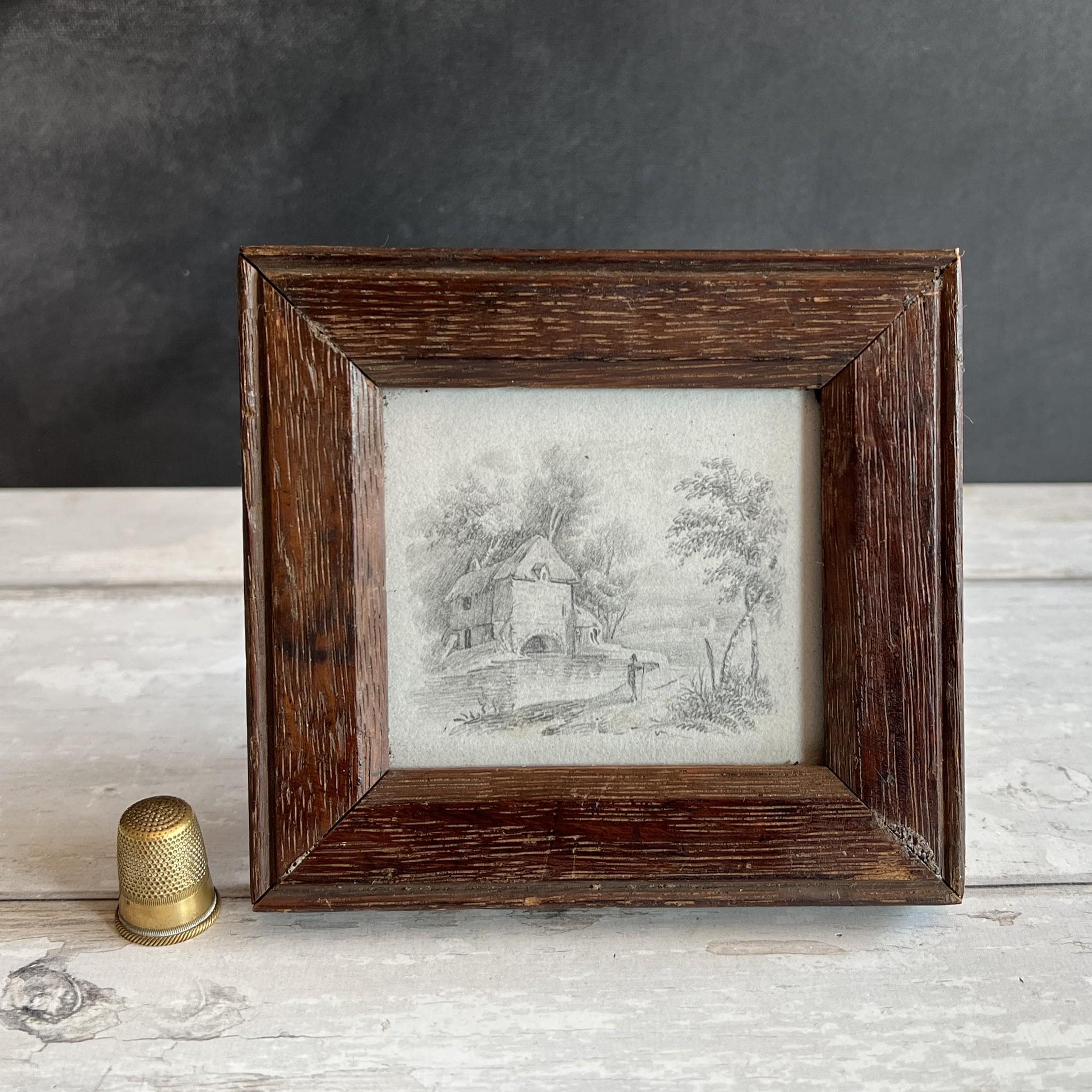 19th Century Miniature Pencil Drawing English Boat House C 1860