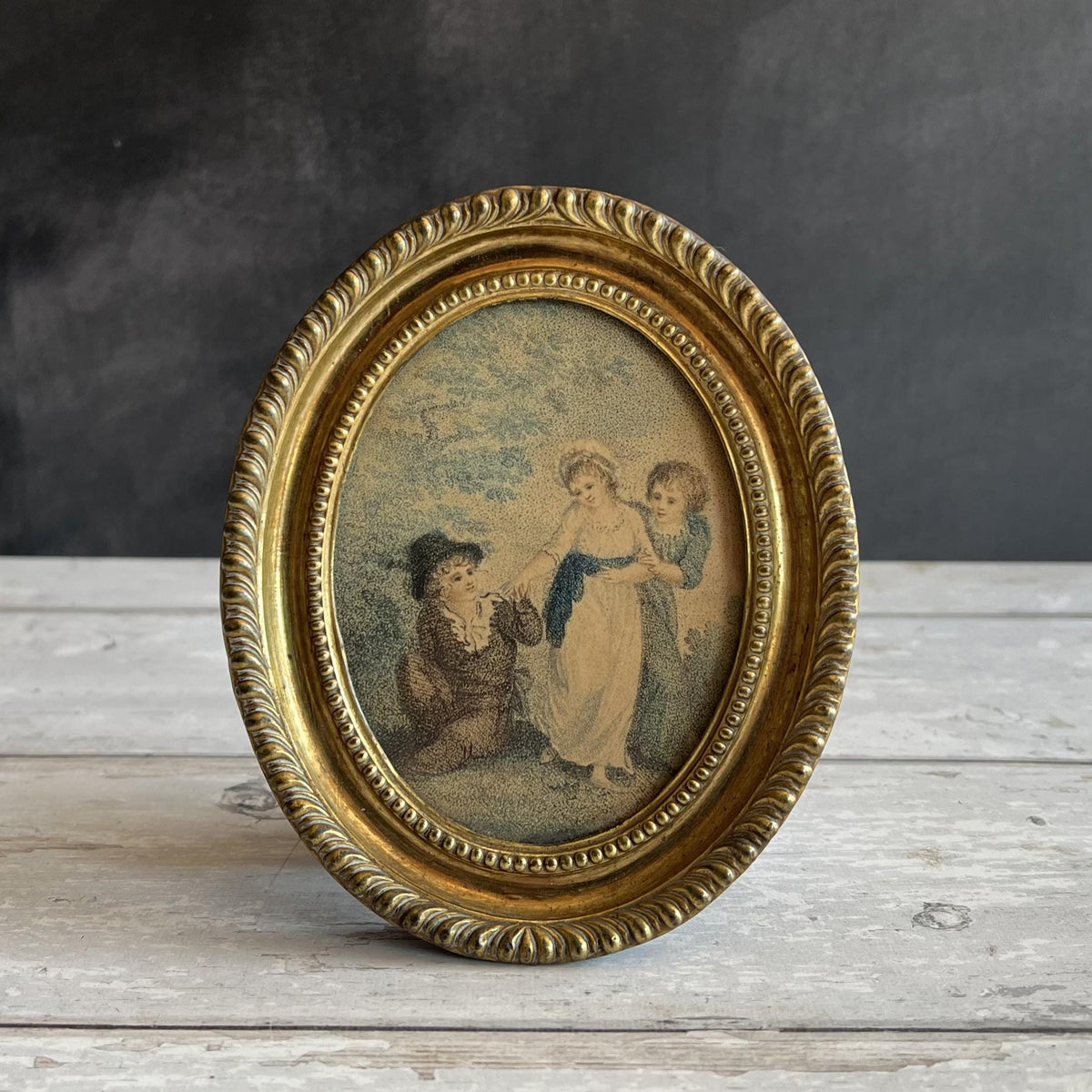 19th Century Miniature Stipple Engraving Children Playing C 1800 Pressed Brass Frame