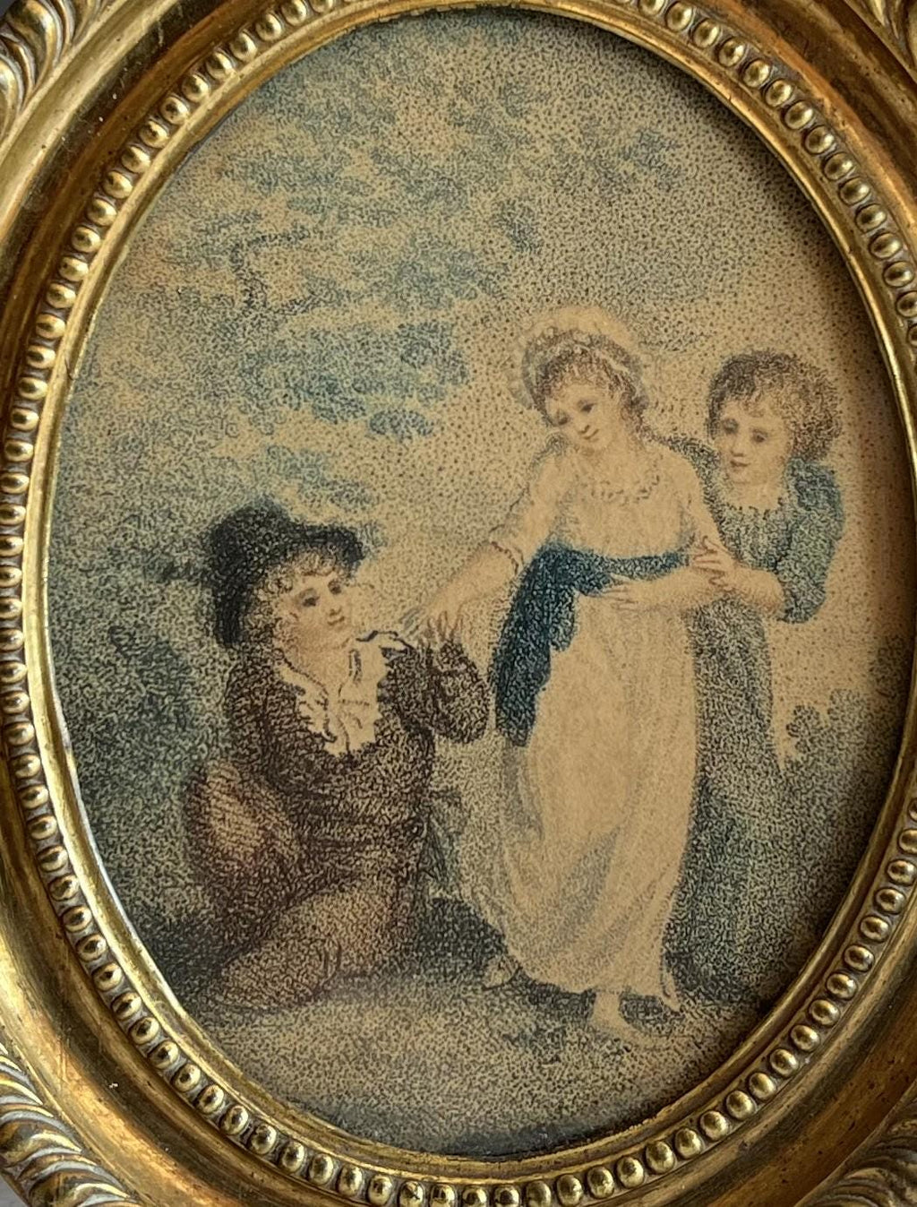 19th Century Miniature Stipple Engraving Children Playing C 1800 Pressed Brass Frame