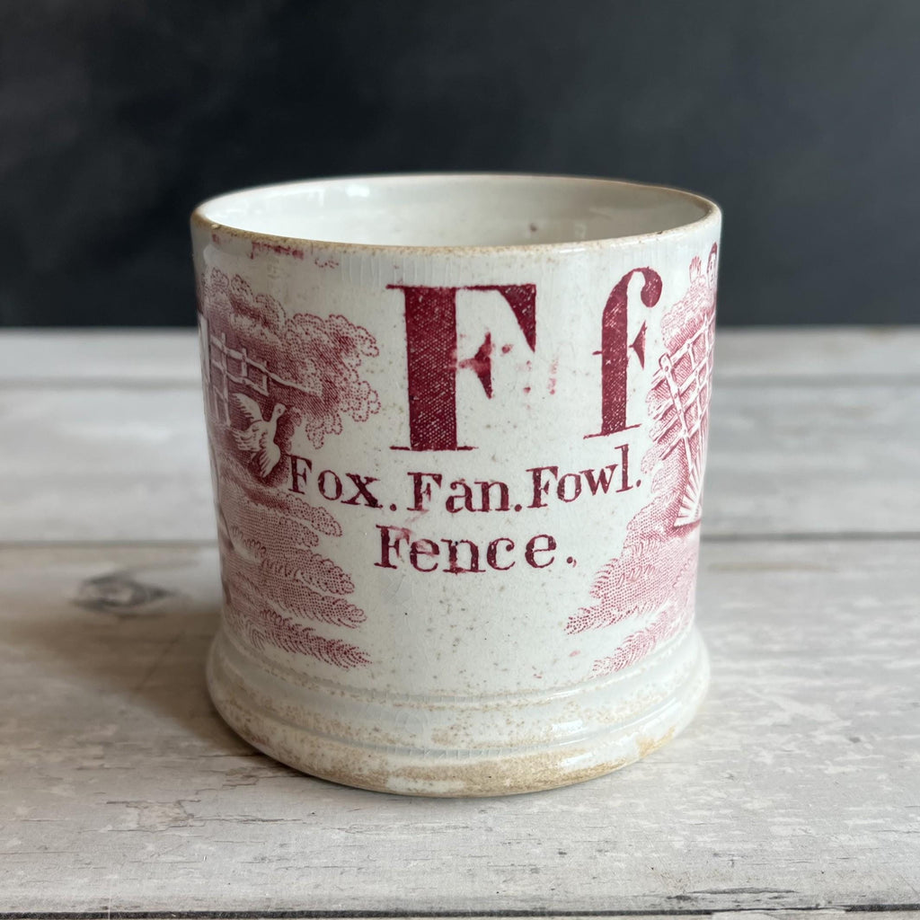 Antique Alphabet Mug F Is For Fox C 1850 Red Transferware Pearlware