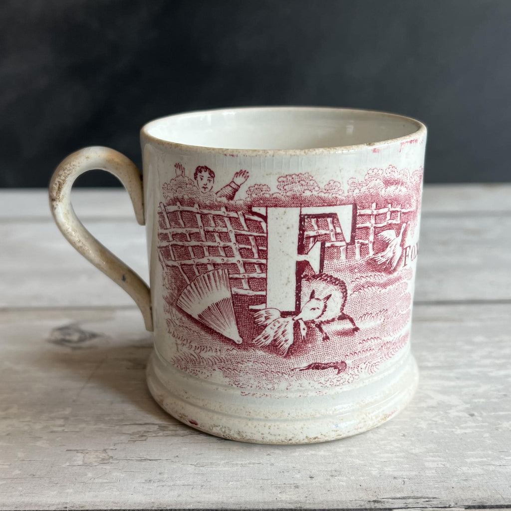 Antique Alphabet Mug F Is For Fox C 1850 Red Transferware Pearlware