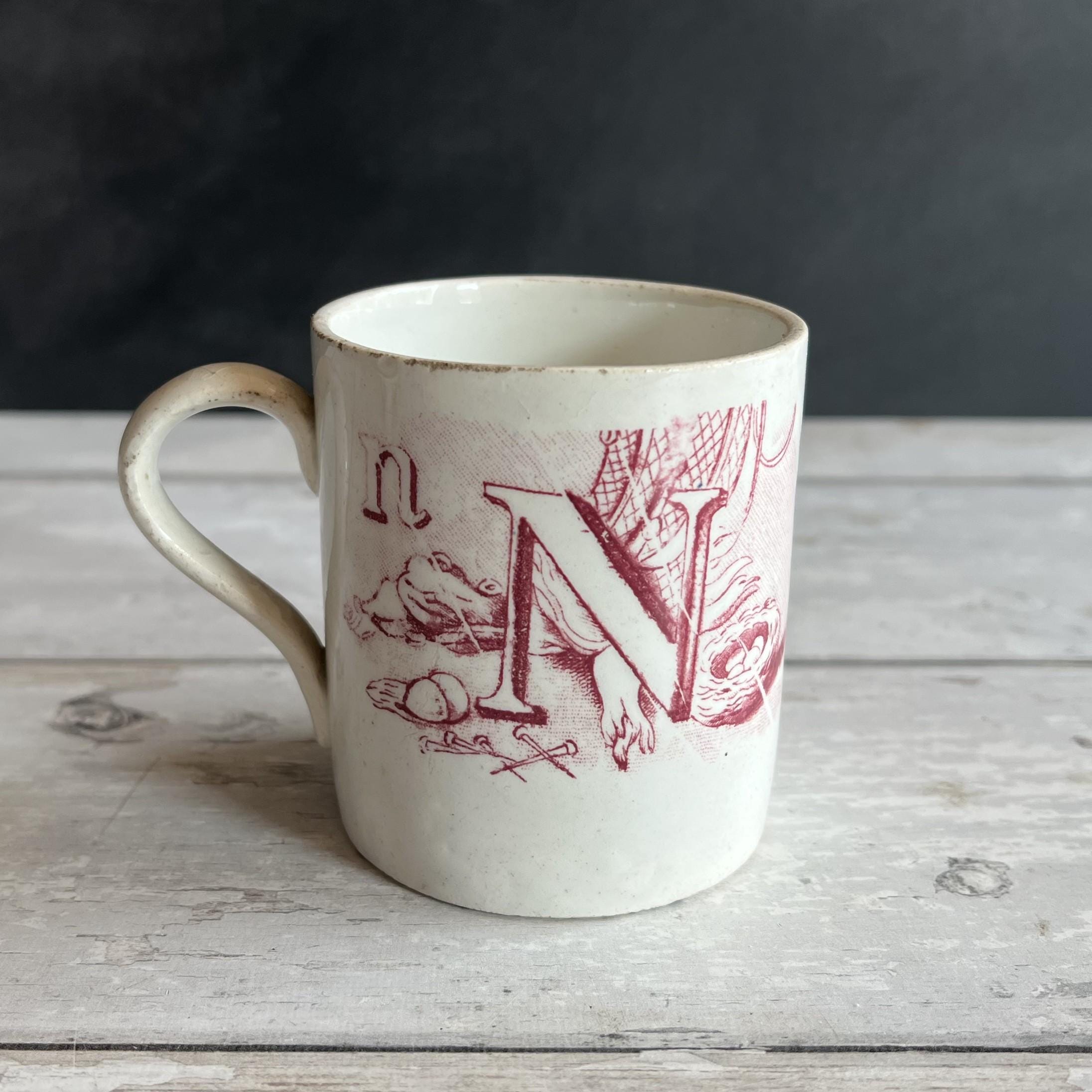 Antique 1850s Childs Alphabet Mug Red Transferware Owl & Nest