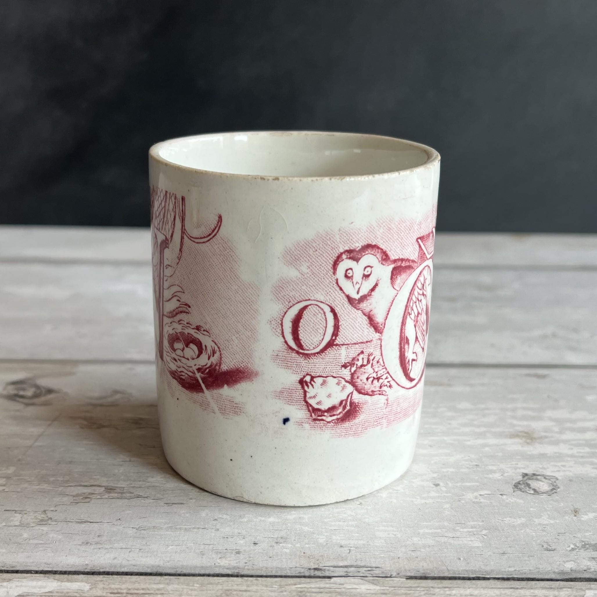 Antique 1850s Childs Alphabet Mug Red Transferware Owl & Nest